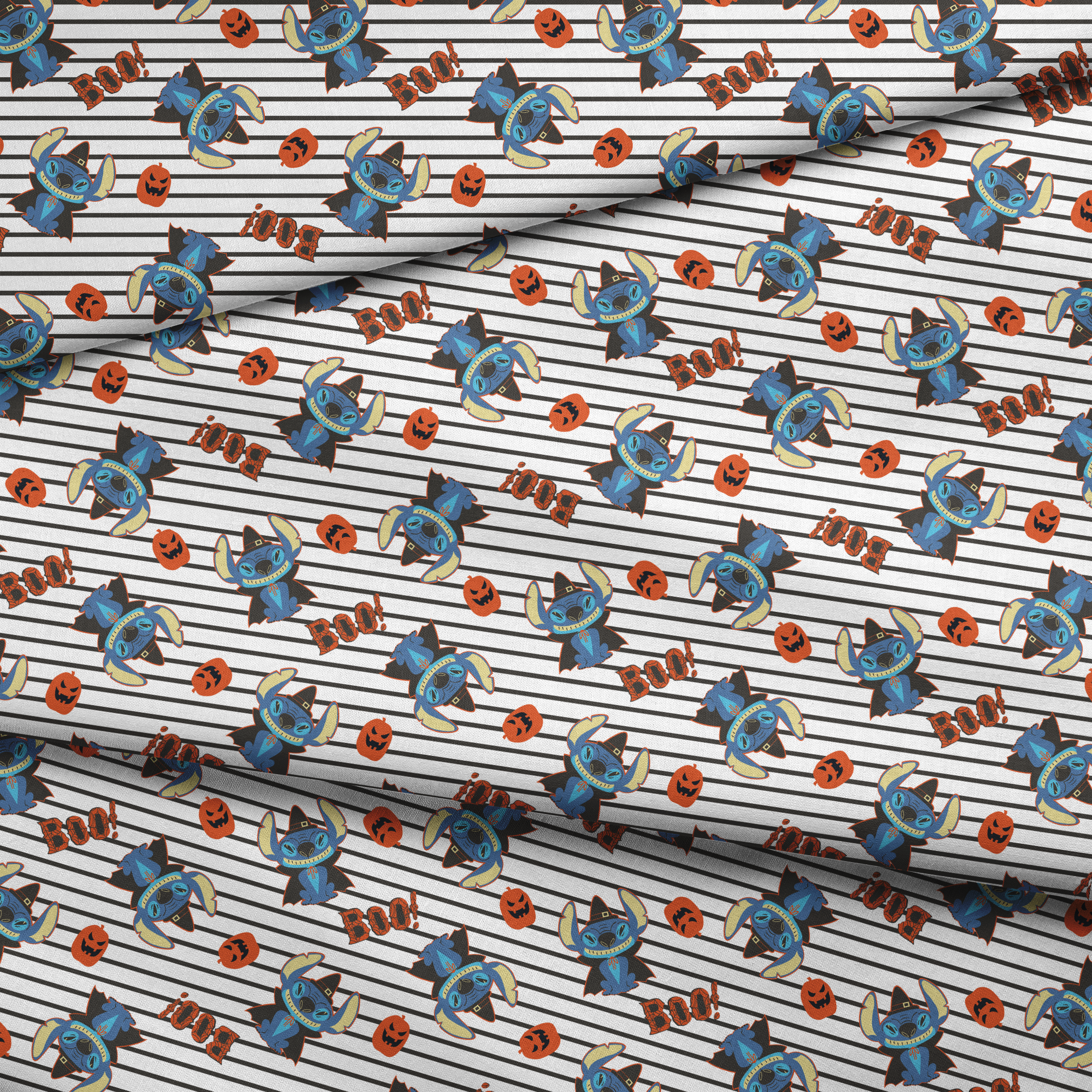 Disney's Stitch with witch hat alongside orange pumpkins on black and white striped background fabric fold mockup