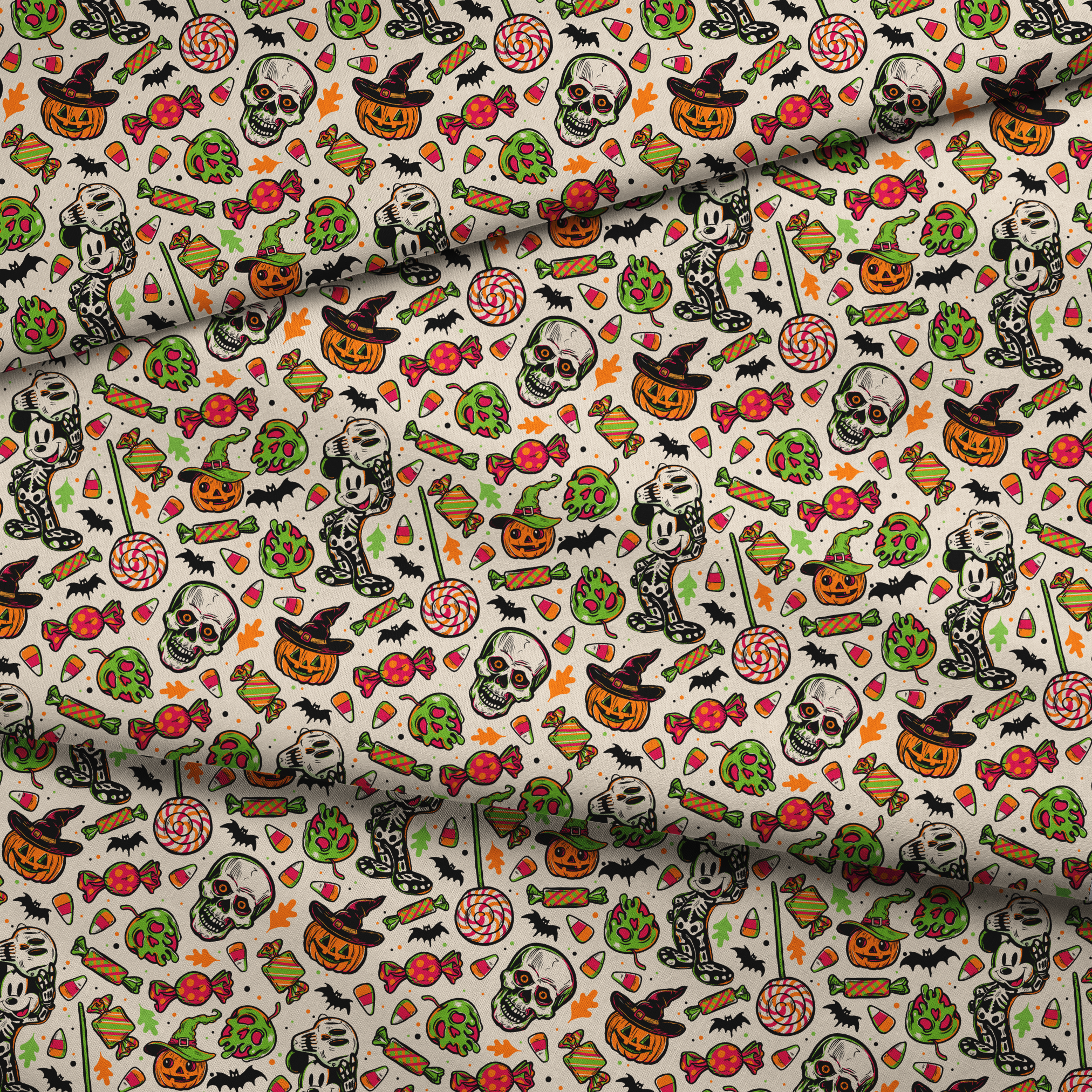Halloween pattern with skulls, pumpkins, candy corn, wrapped candies, lollipops, bats, and autumn leaves on cream background fabric fold mockup