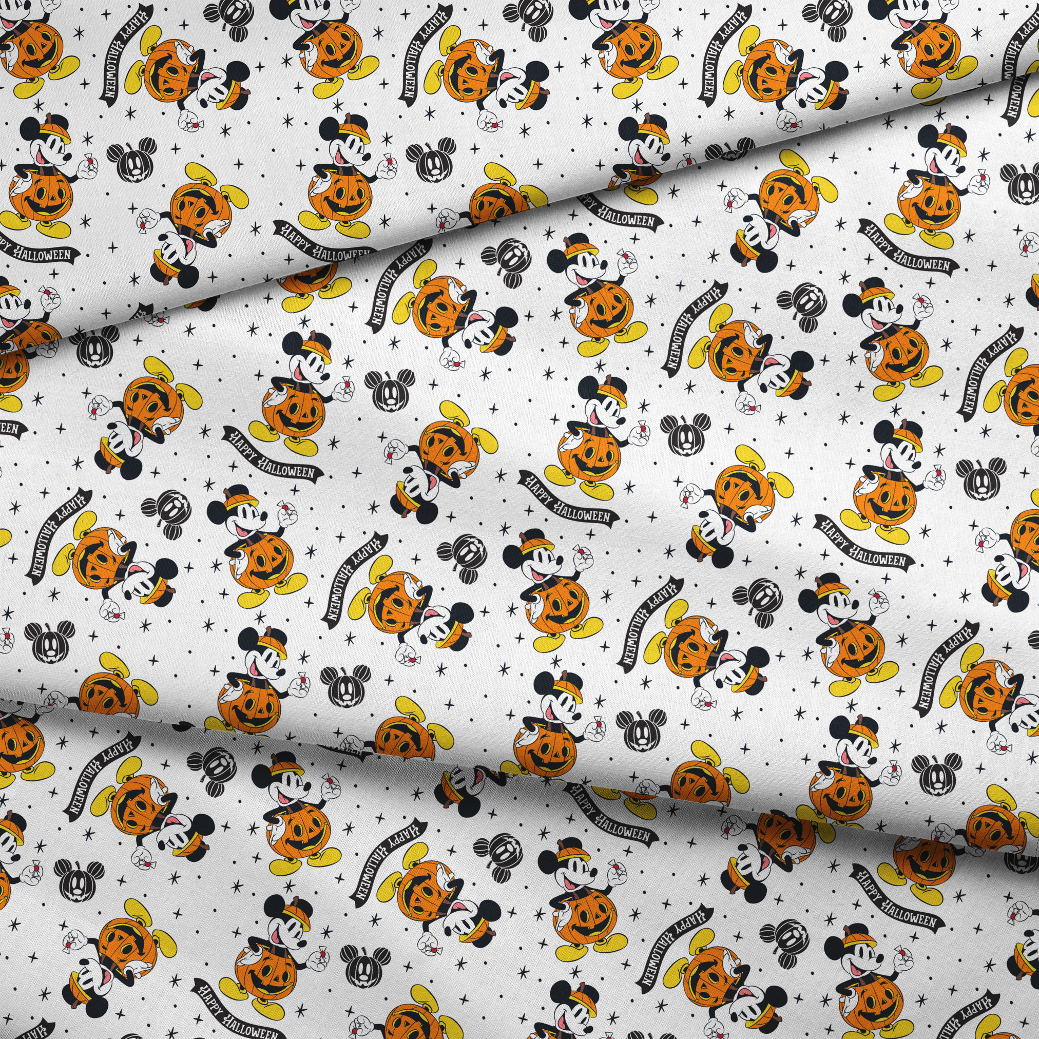 Mickey Mouse Halloween pattern dressed as pumpkins on white background with stars and "Happy Halloween" text fabric fold mockup