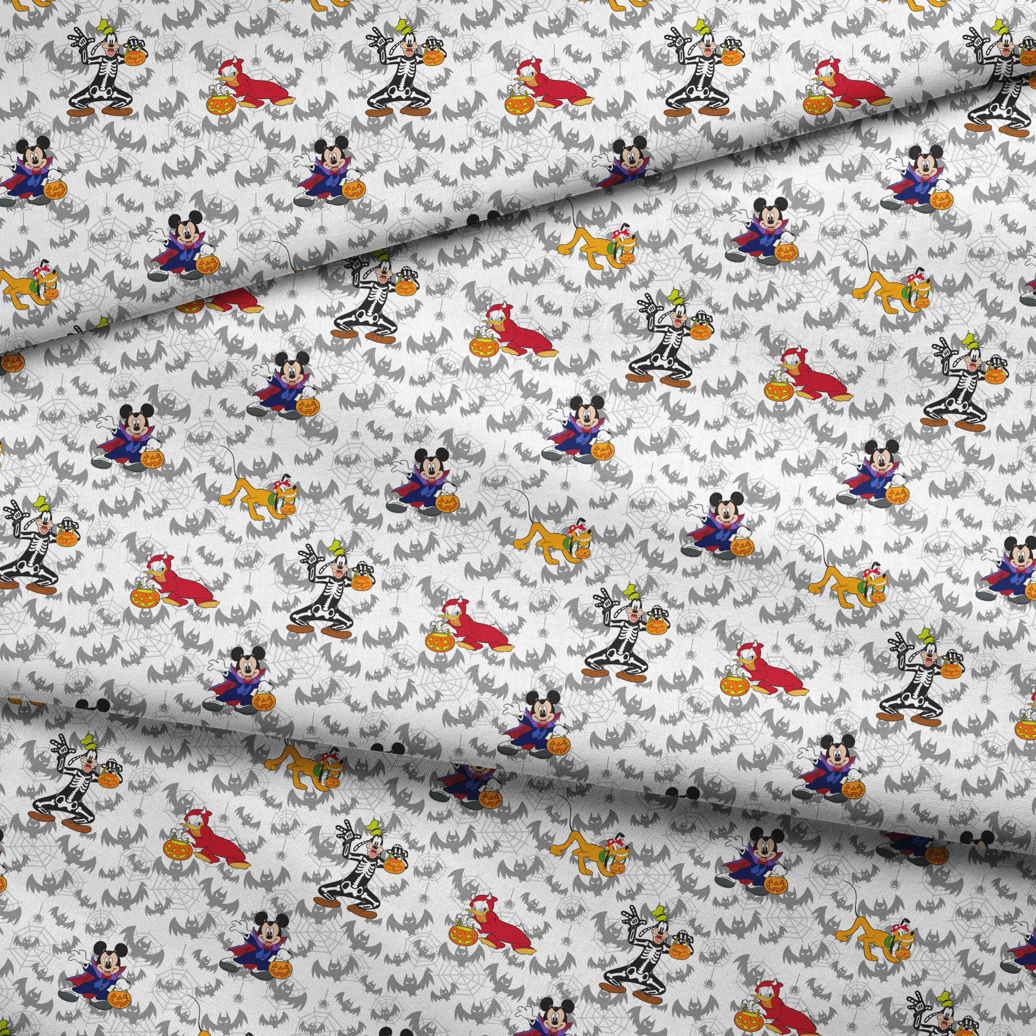 Disney cartoon characters in Halloween costumes with pumpkins on bat pattern background fabric fold mockup