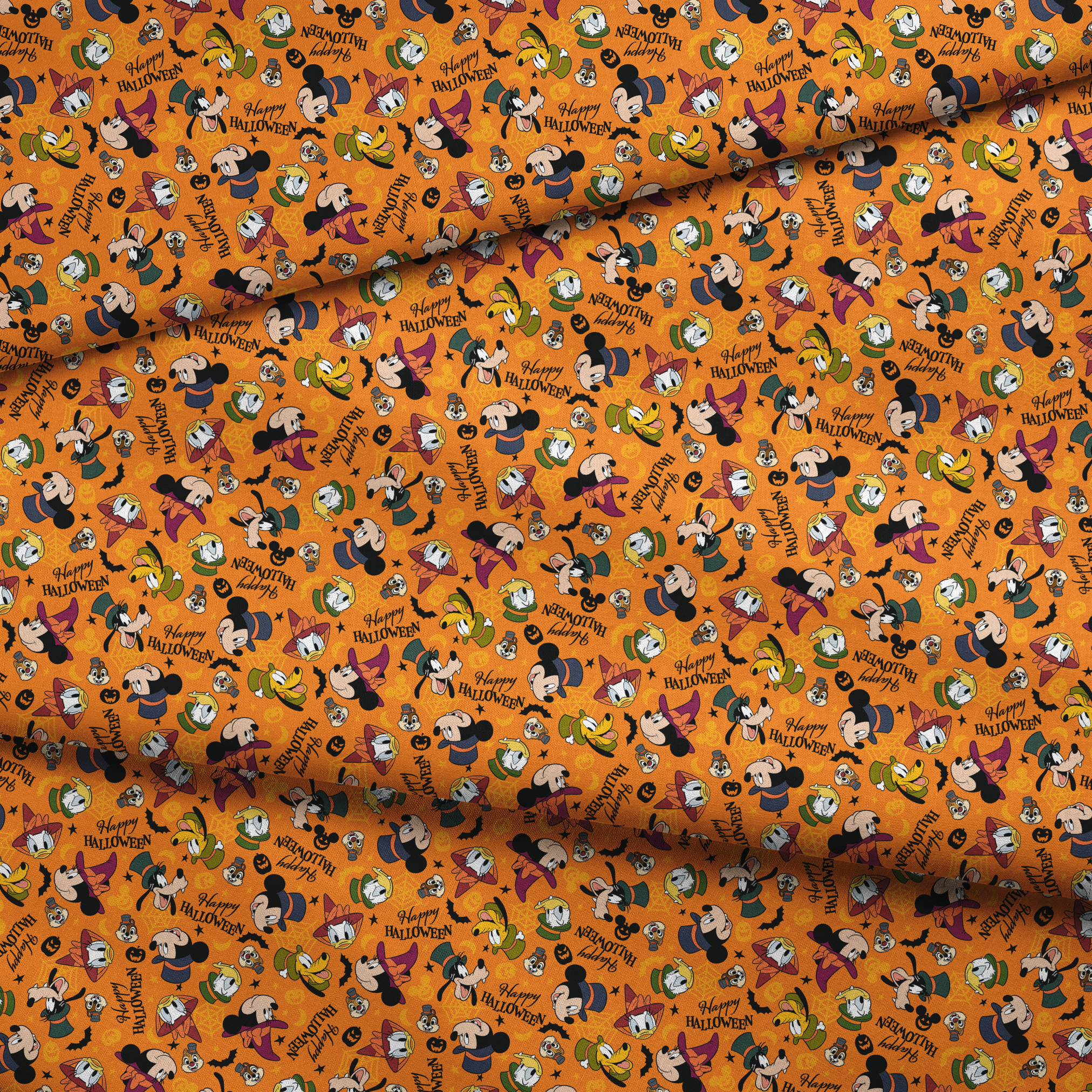 Disney characters in Halloween costumes on orange background with pumpkins and "Happy Halloween" text fabric fold mockup