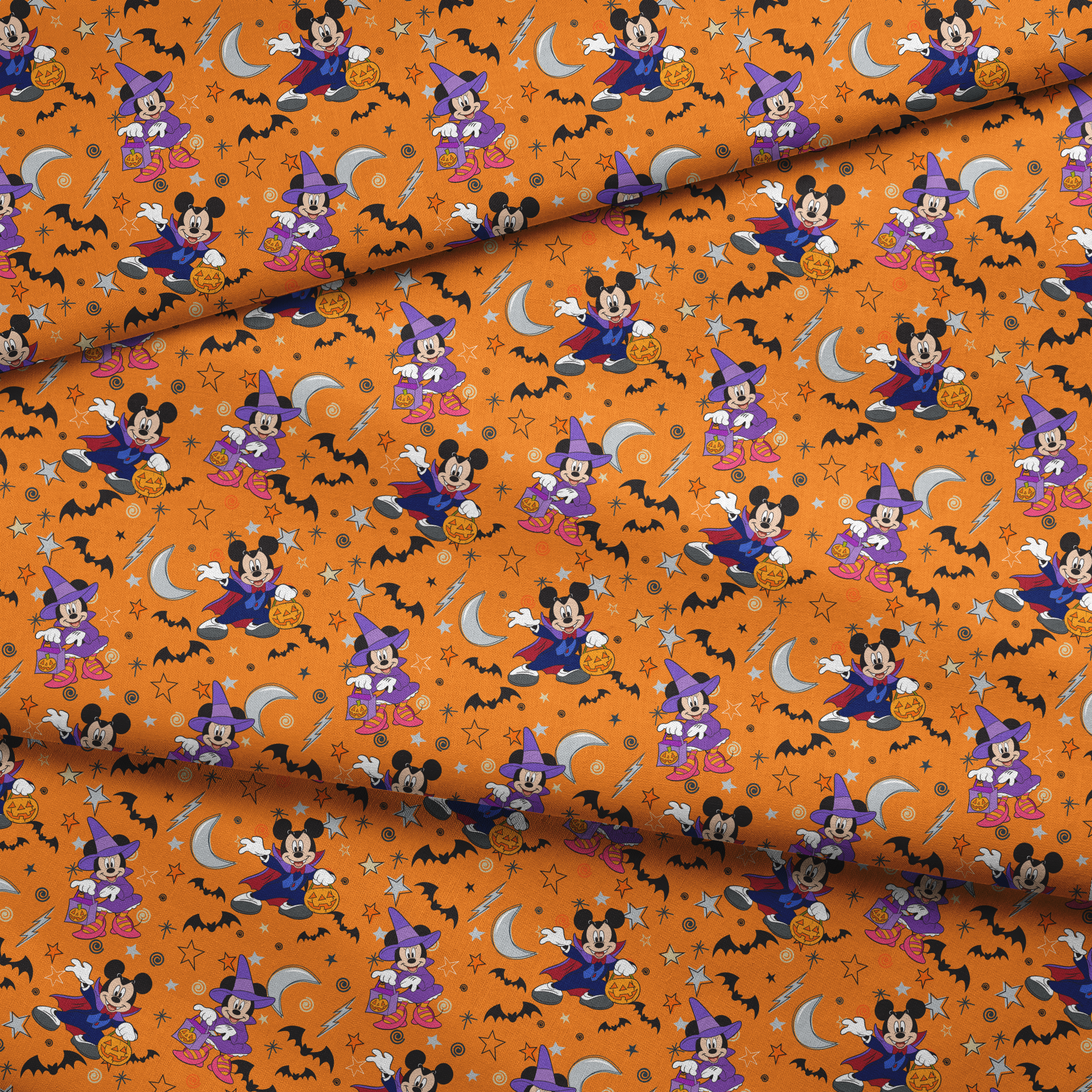 Halloween-themed cartoon pattern with Disney characters in costumes, bats, stars, moons, and ghosts on orange background. fabric fold mockup