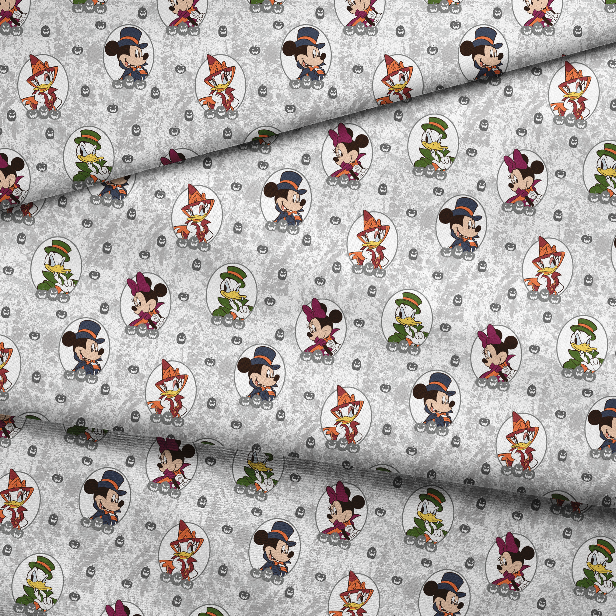 Disney Halloween pattern with Mickey in top hat, Donald in green hat, and Daisy in witch hat on gray background with pumpkins. fabric fold mockup