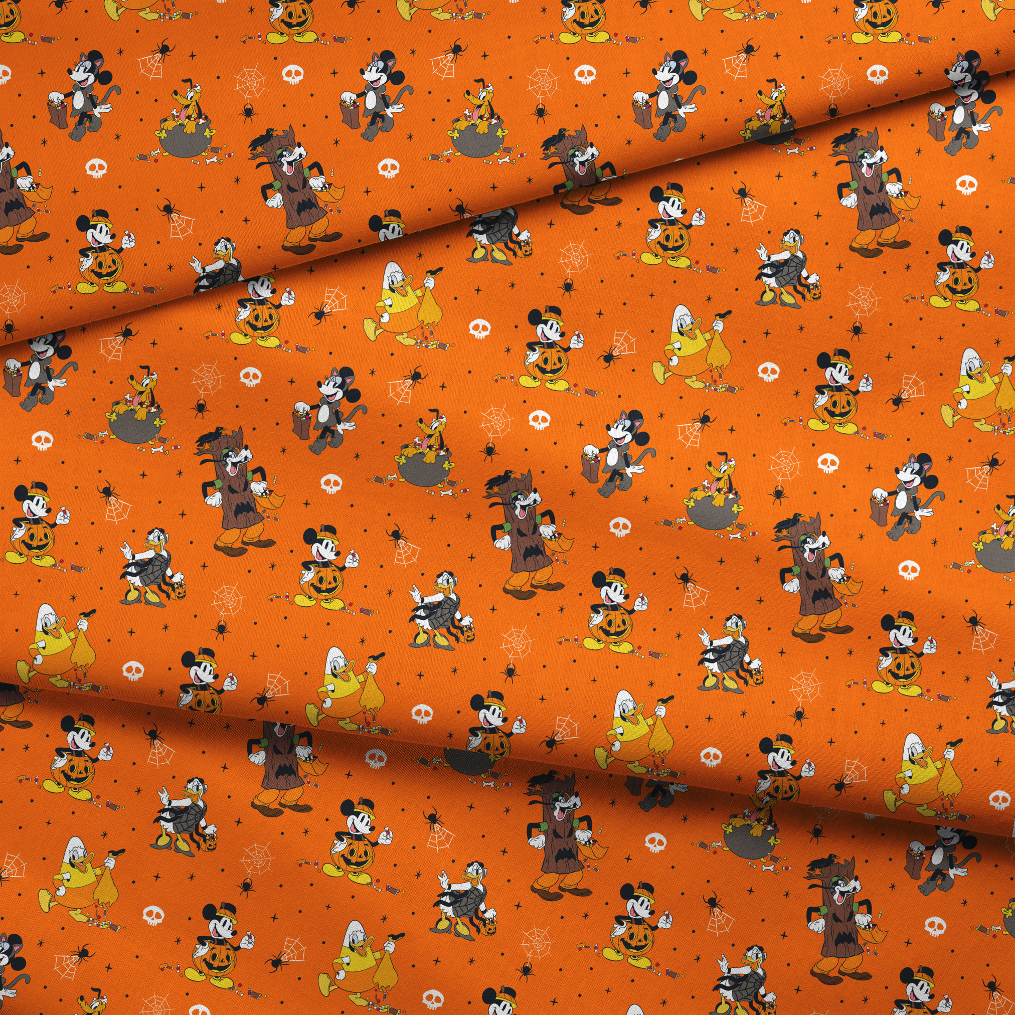 Halloween-themed orange pattern with Disney characters in costumes, spiderwebs, and skulls fabric fold mockup