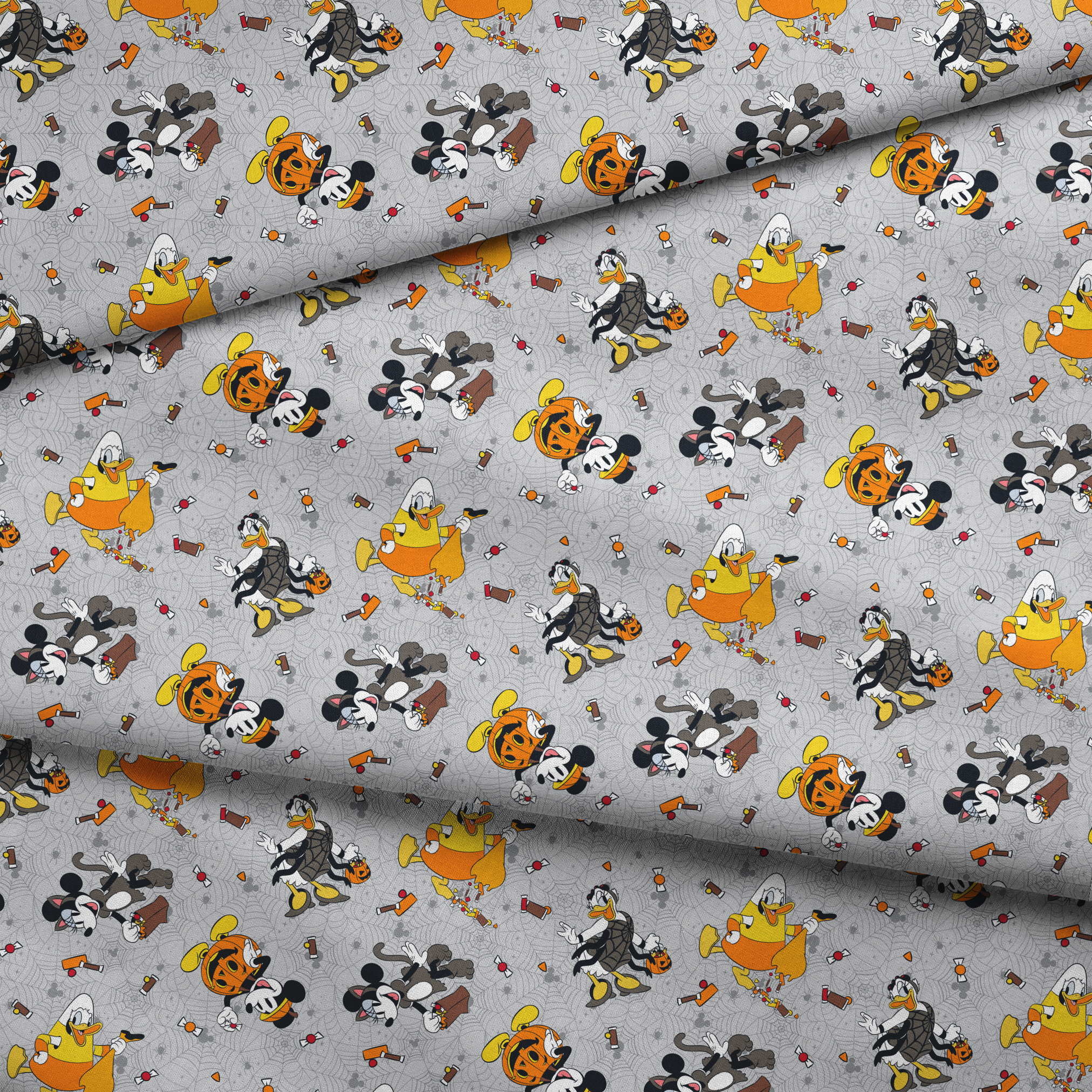 Disney characters on gray spider web pattern with candy corn scattered throughout, Halloween themed design. fabric fold mockup