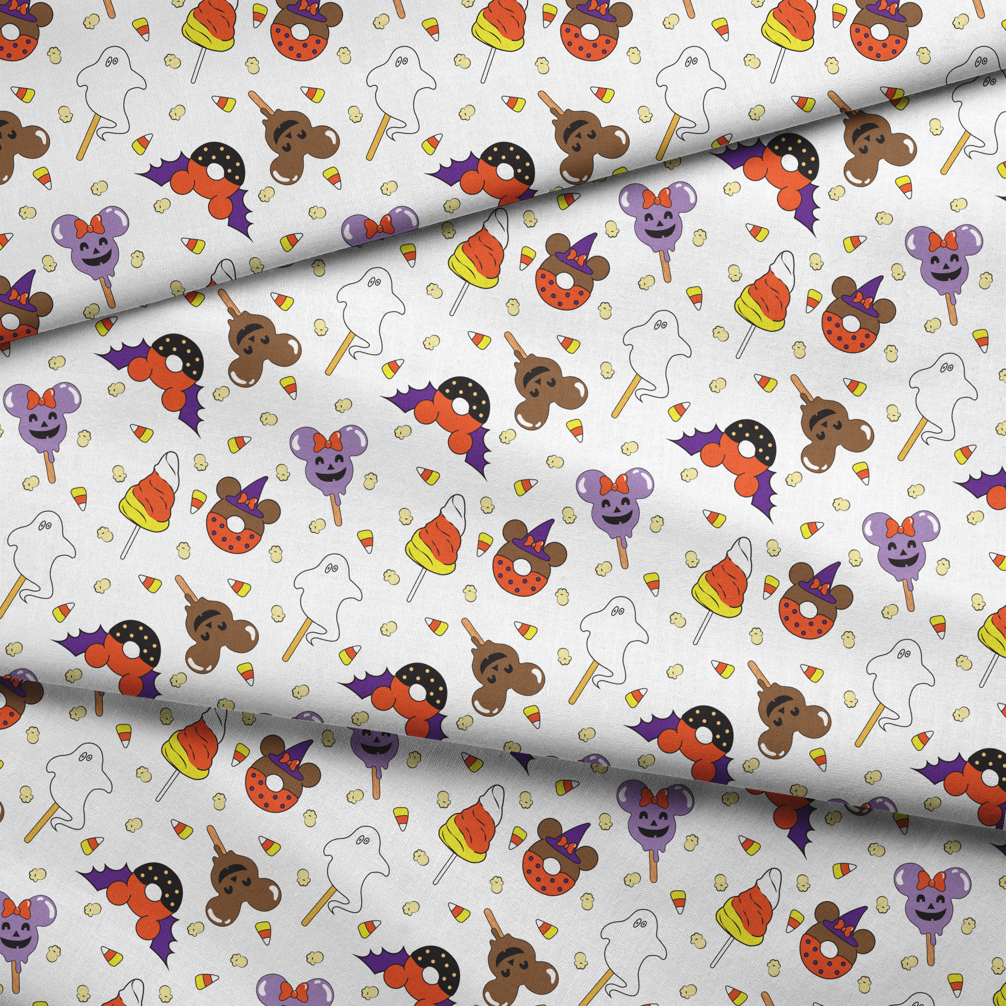 Disney Halloween themed pattern with candy lollipops, ghost, bats, and candy corn fabric fold mockup