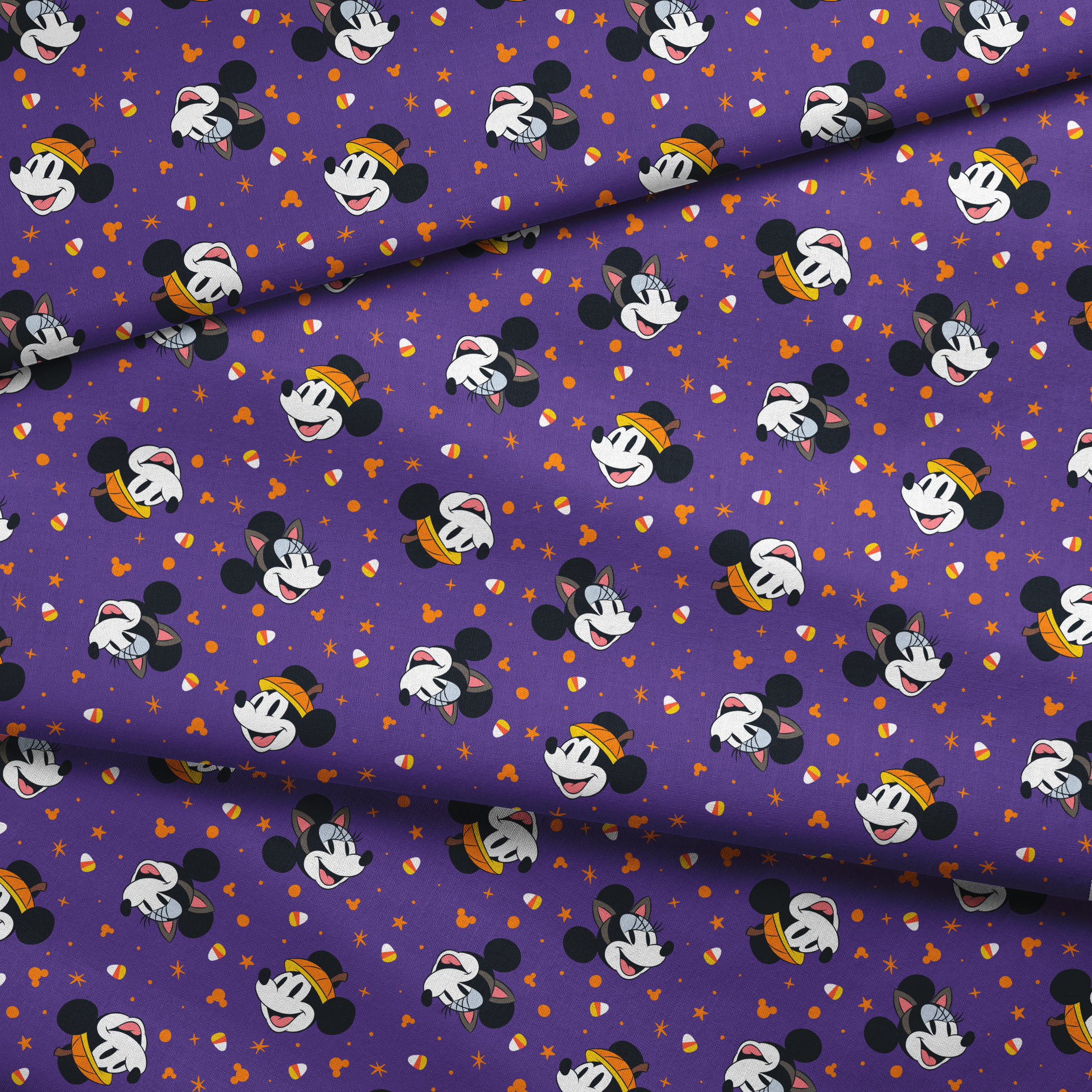 Mickey Mouse Halloween pattern with candy corn and stars on purple background fabric fold mockup