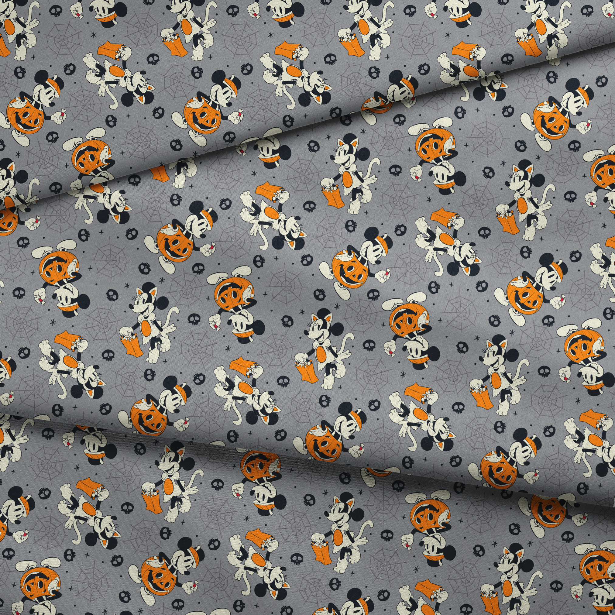 Cartoon dog characters in Halloween costumes with pumpkins on gray background with spider webs and skulls fabric fold mockup