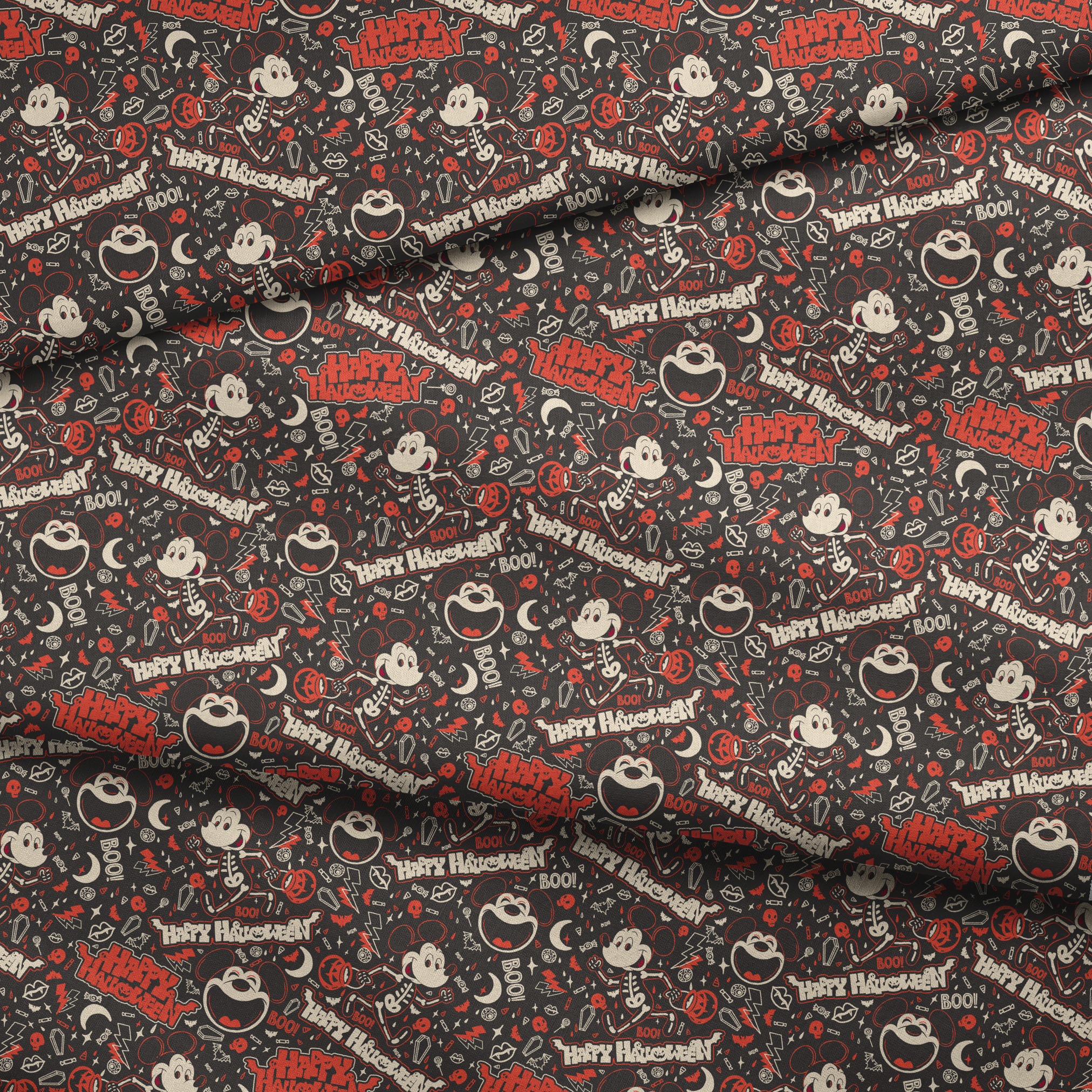 Mickey Mouse Halloween pattern with bats, pumpkins, and "Happy Halloween" text on dark background fabric fold mockup