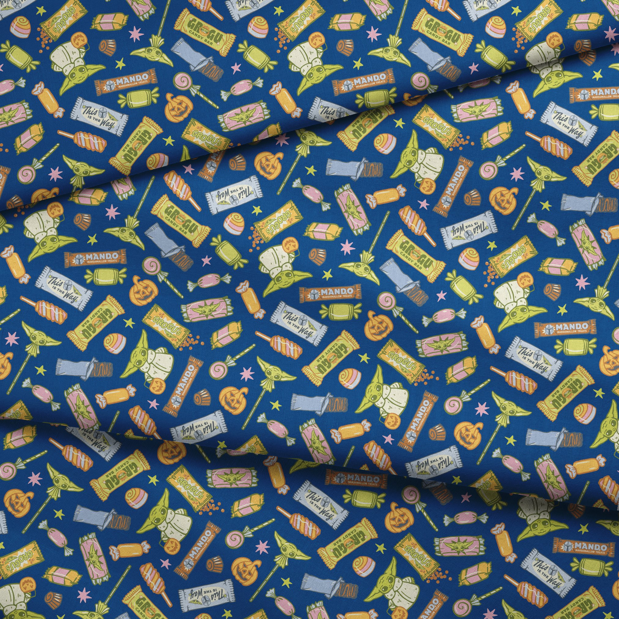 Colorful candy pattern with wrapped sweets, lollipops, and treats on dark blue background fabric fold mockup