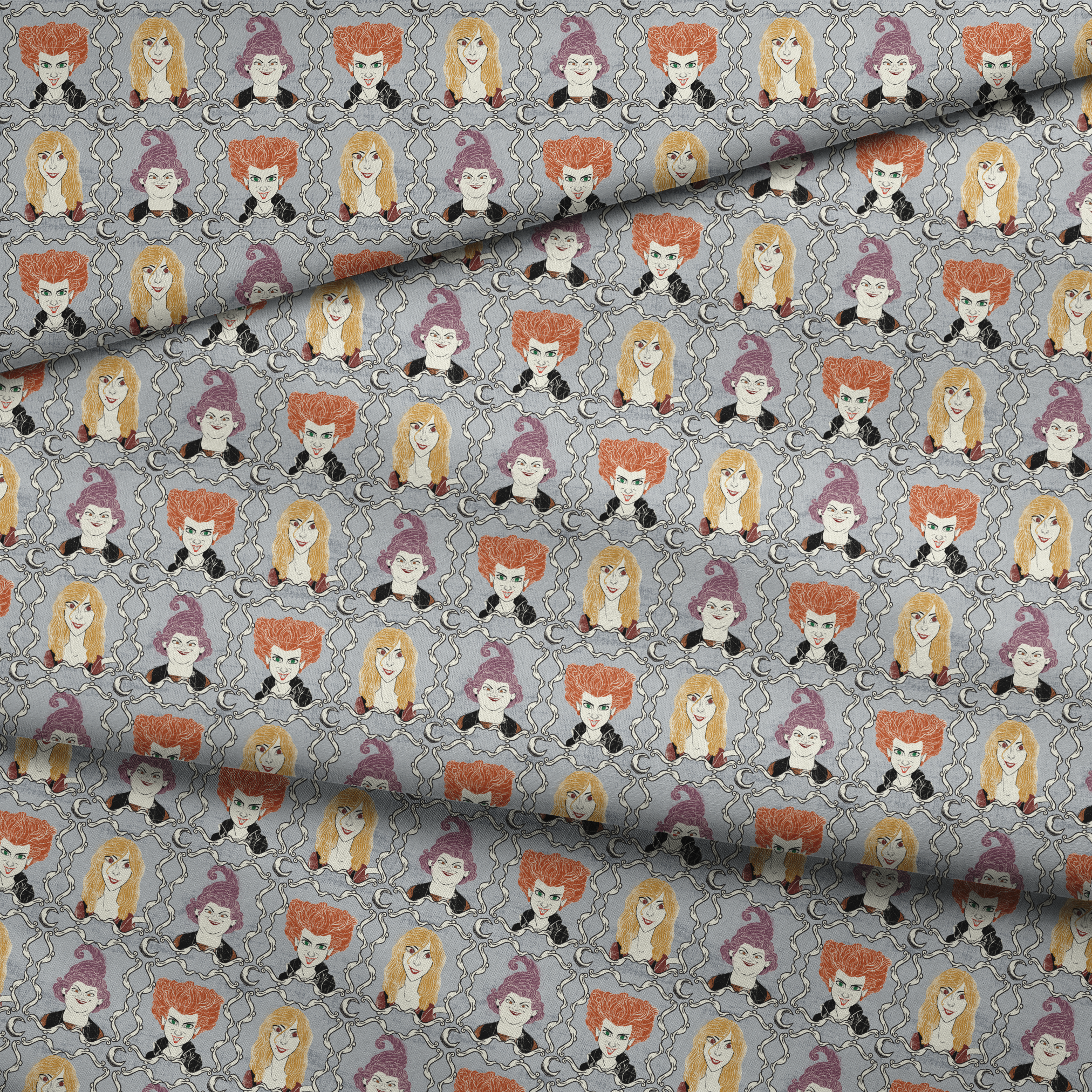 Illustrated portraits of fantasy characters with wild orange, blonde, and purple hair on gray patterned background fabric fold mockup