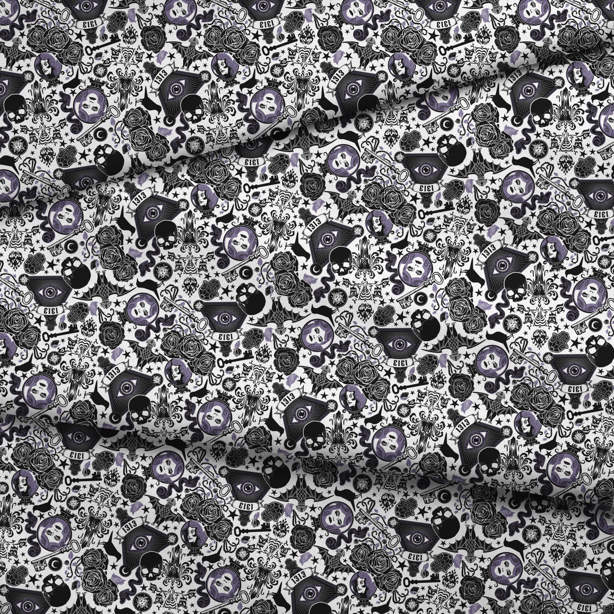 Gothic-inspired pattern with roses, medallions, ravens, and Victorian motifs in black and purple fabric fold mockup