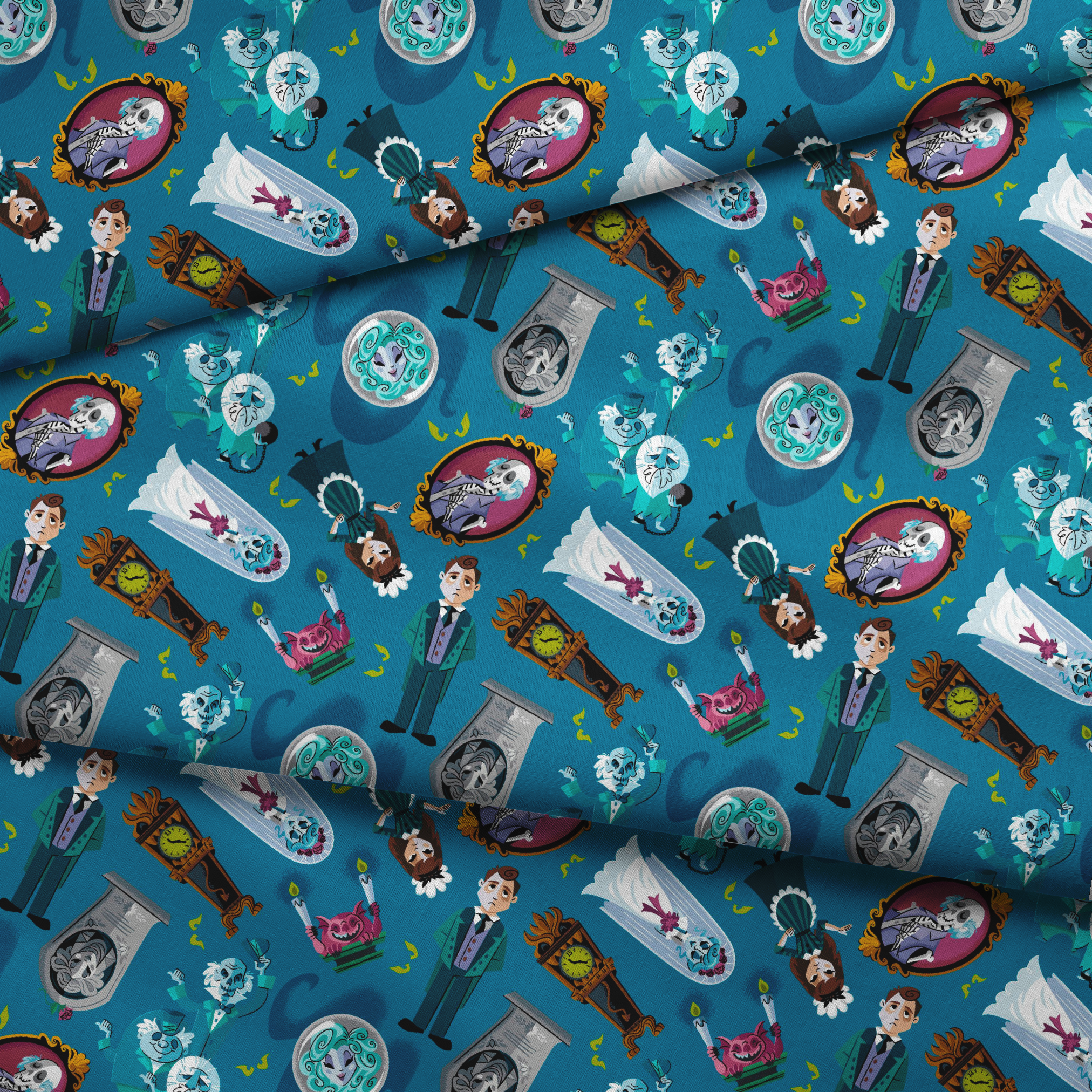 Haunted Mansion themed pattern with cartoon ghosts, portraits, coffins, and spooky elements on teal background fabric fold mockup