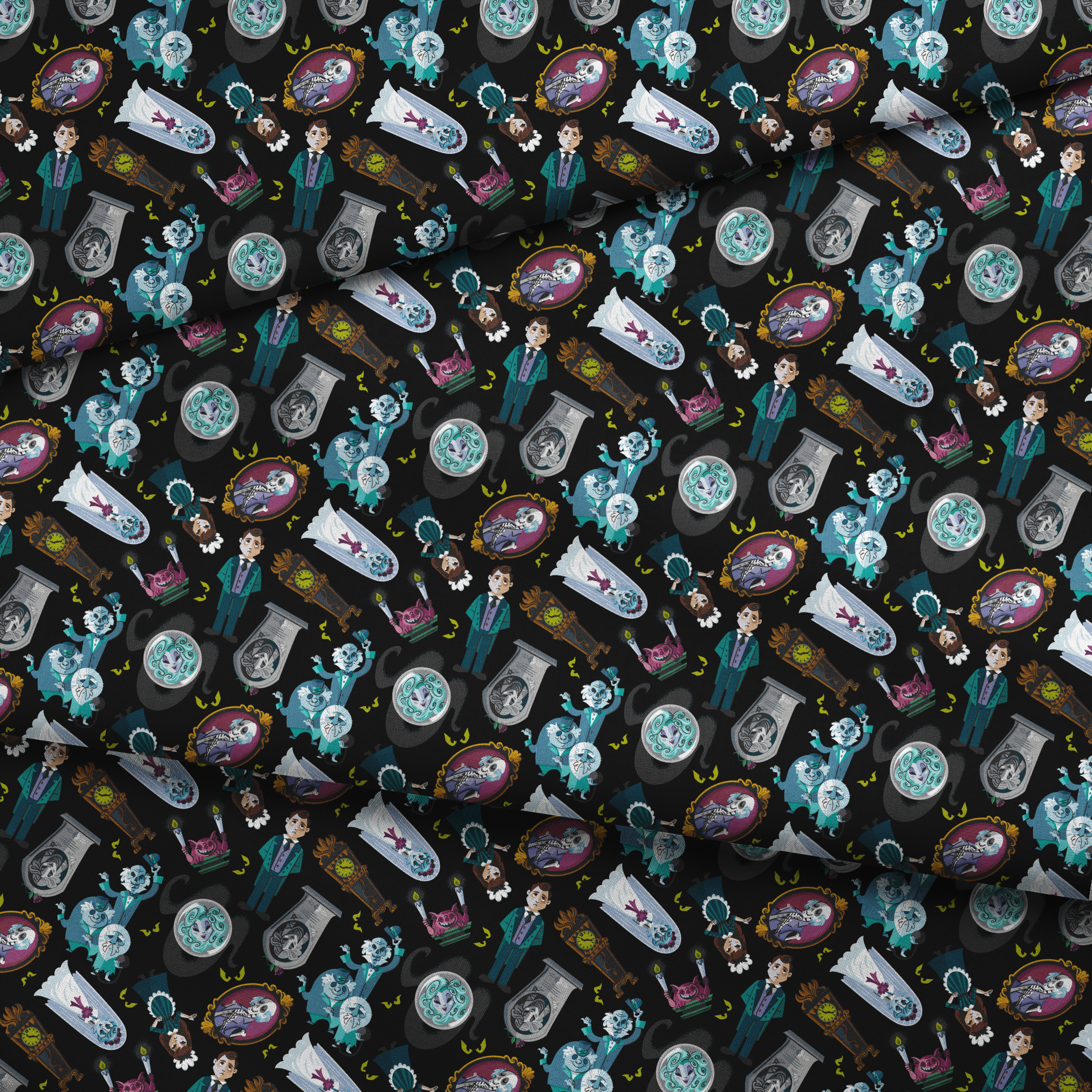 Haunted Mansion themed pattern with cartoon ghosts, characters, coffins, and spooky elements on black background fabric fold mockup