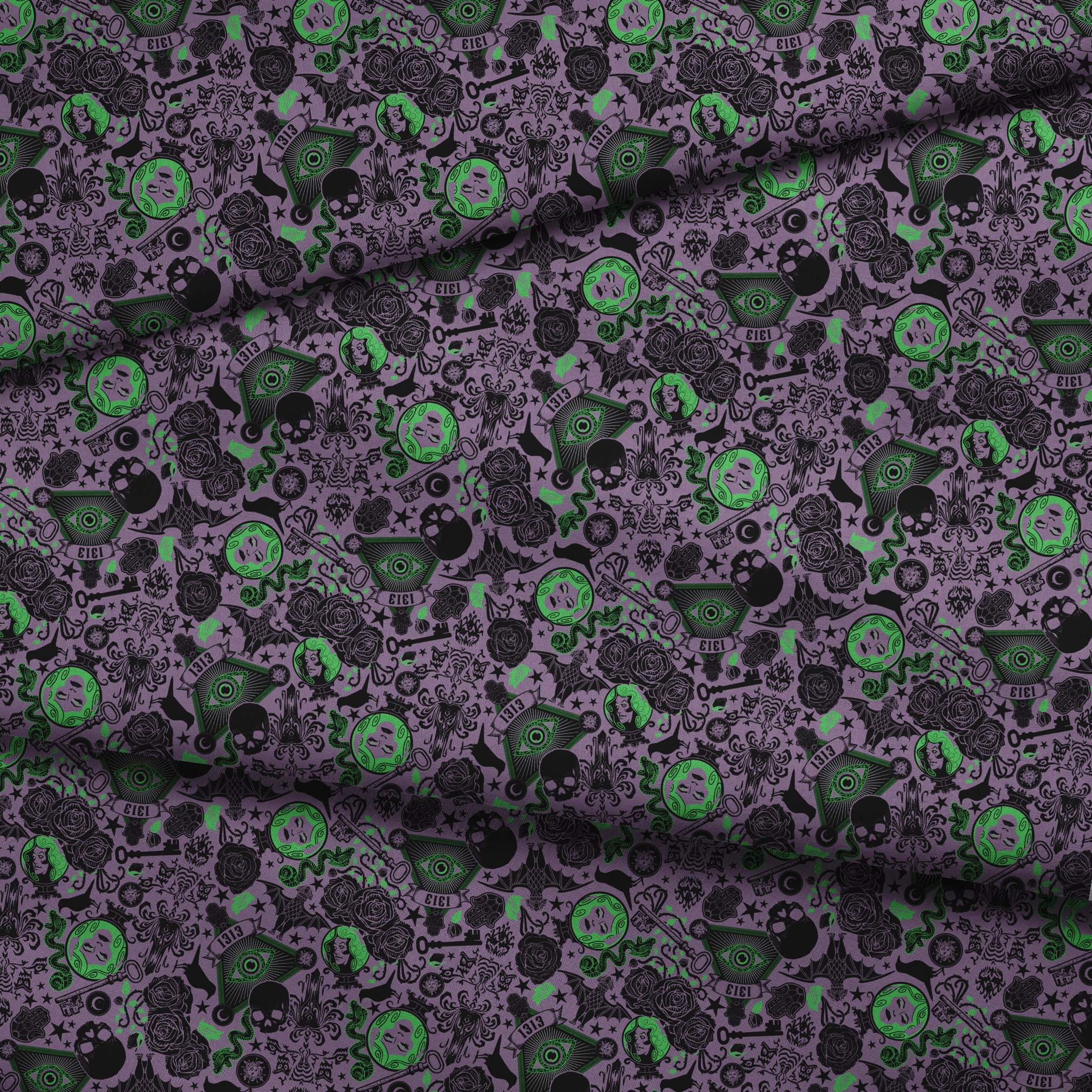 A dark purple background with gothic imagery in black and neon green featuring mystical elements including roses, celestial symbols, eyes, hands, and ornate decorative patterns. fabric fold mockup