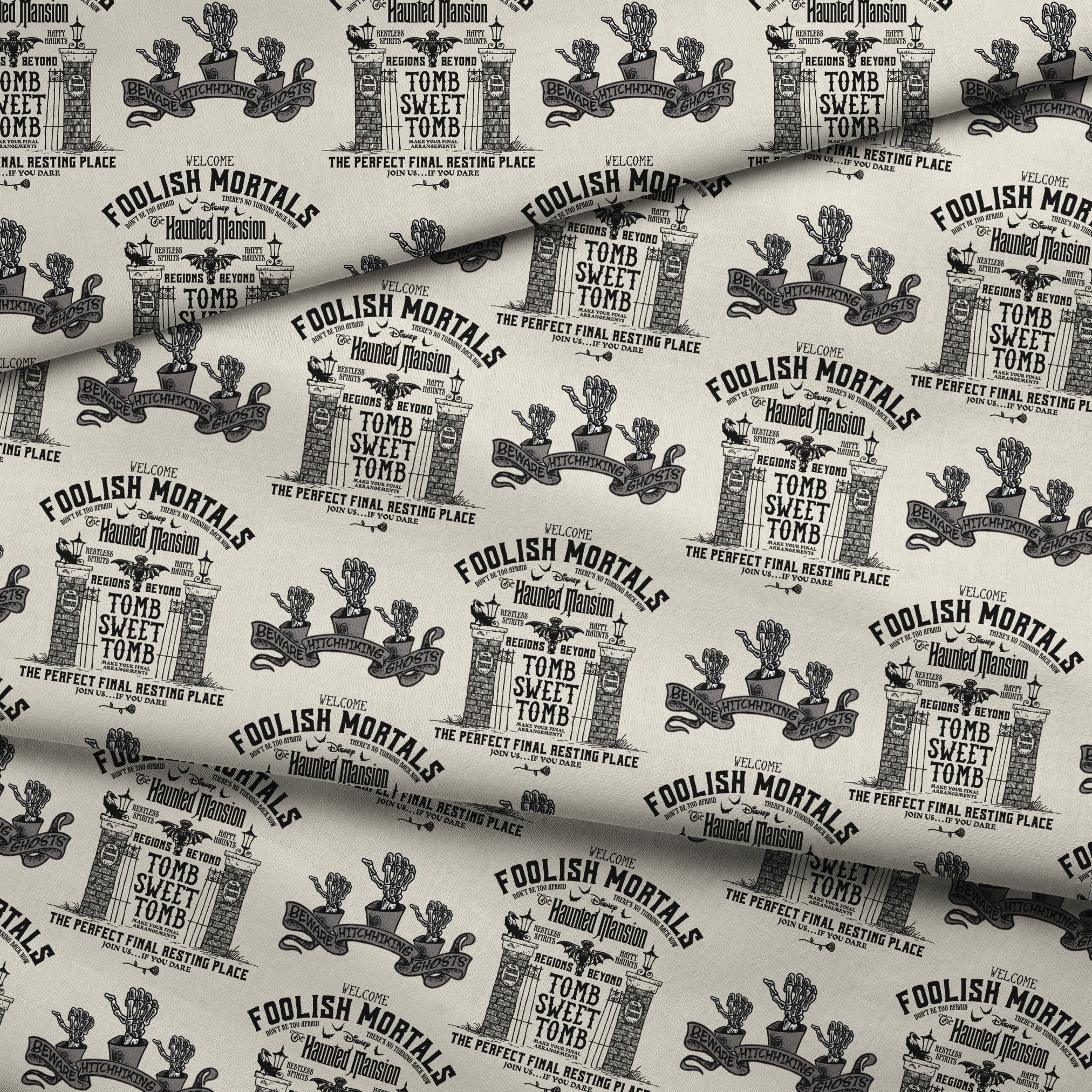 Repeating pattern of "Foolish Mortals" Haunted Mansion signage with ornate tomb designs in vintage black and cream style fabric fold mockup