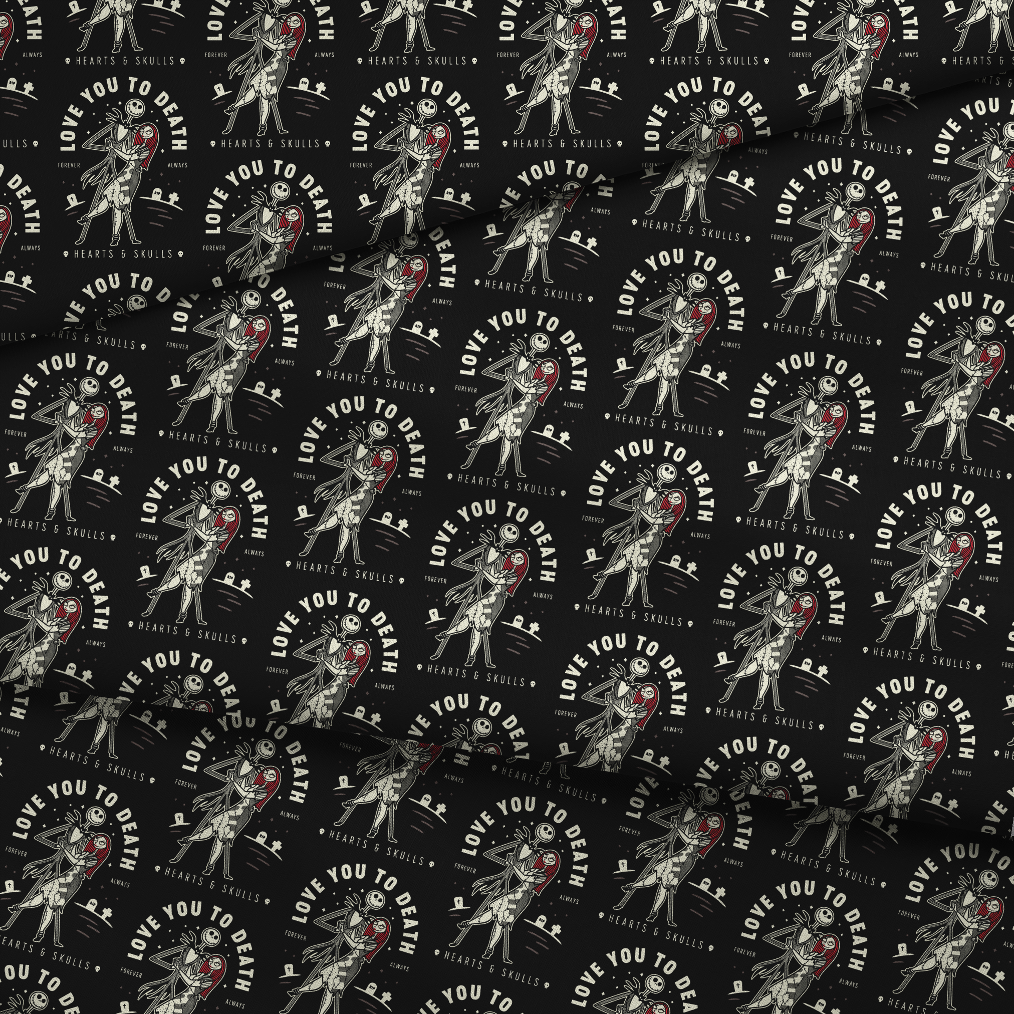 Repeating pattern of skeletal figures holding red hearts with "LOVE YOU TO DEATH" text on black background fabric fold mockup