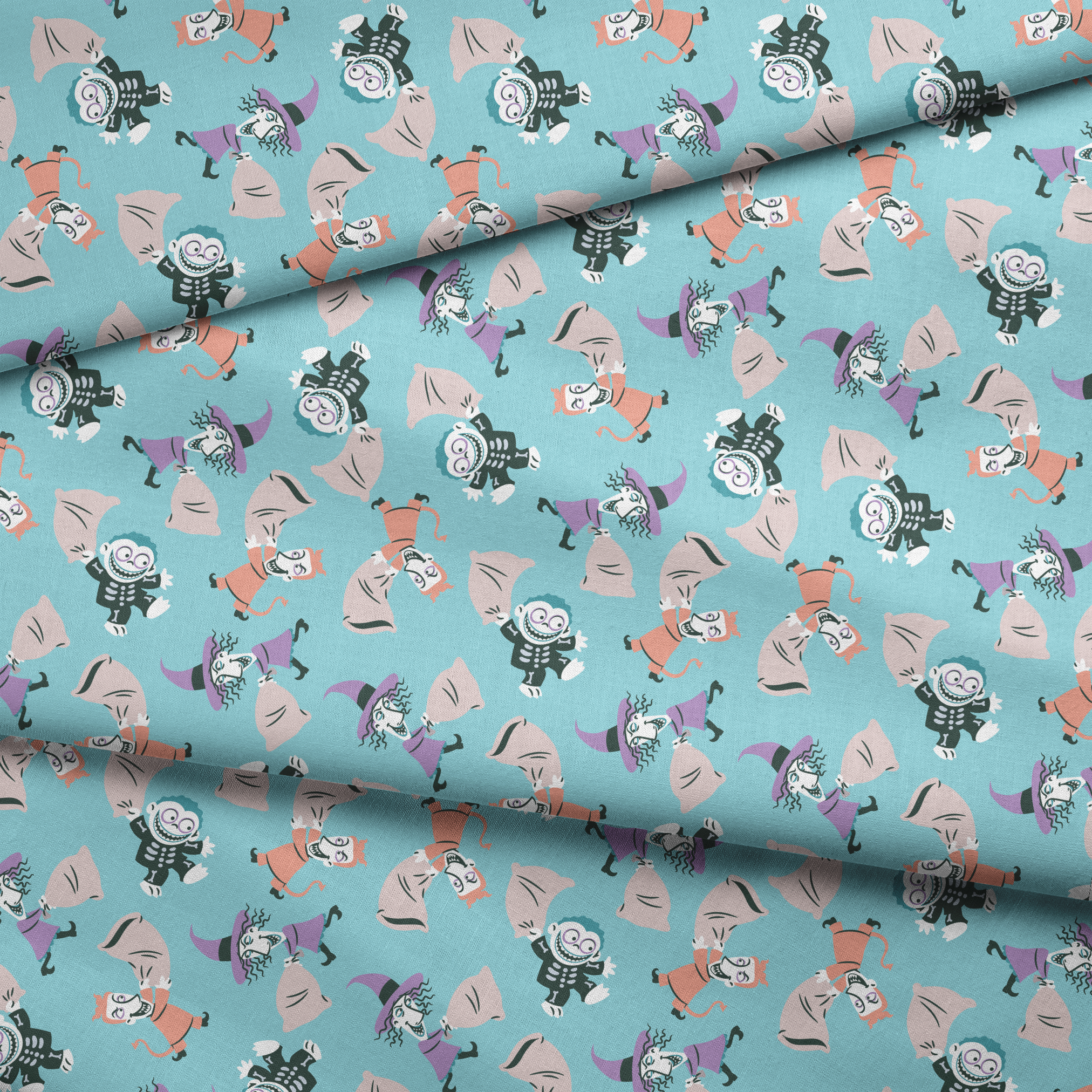 Whimsical pattern of cartoon characters in Halloween costumes on light blue background fabric fold mockup