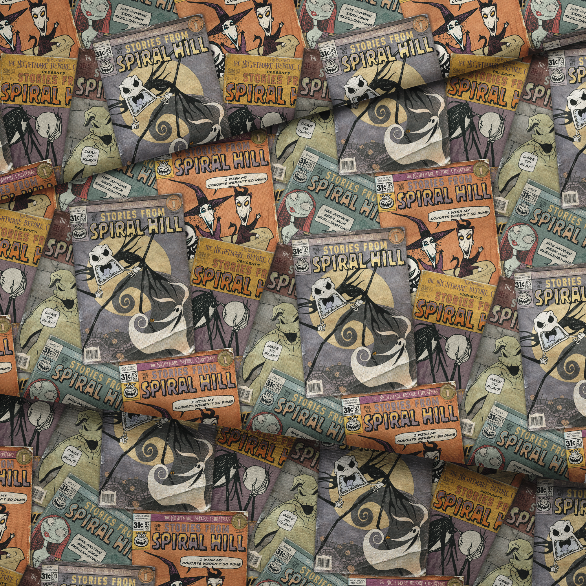 Vintage-style comic books featuring "Stories from Spiral Hill" with spooky skeletal characters on orange and gray covers fabric fold mockup