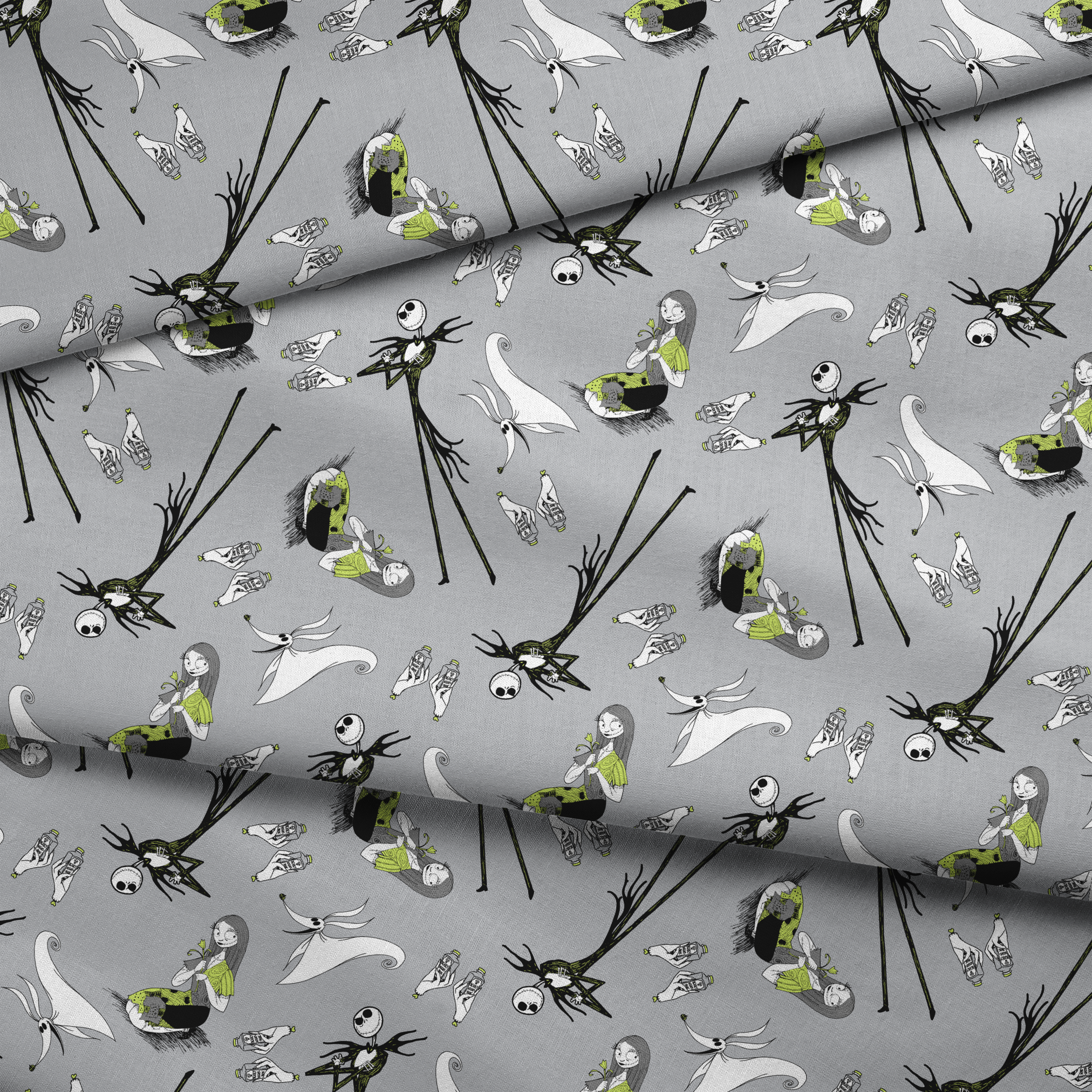 Spooky pattern with stylized ghostly figures, skeletal creatures, and green accents on gray background fabric fold mockup