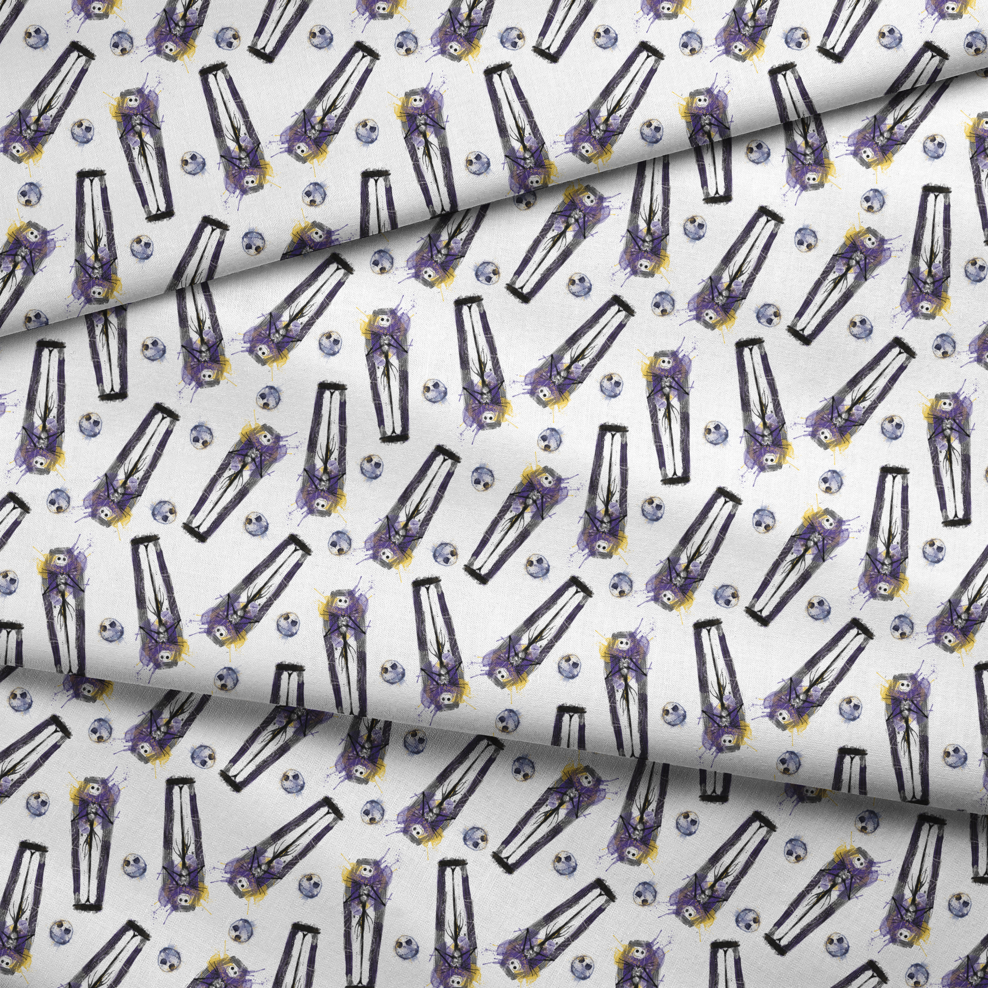 Repeating pattern of stylized gothic figures in black and purple with skull-like faces on white background fabric fold mockup