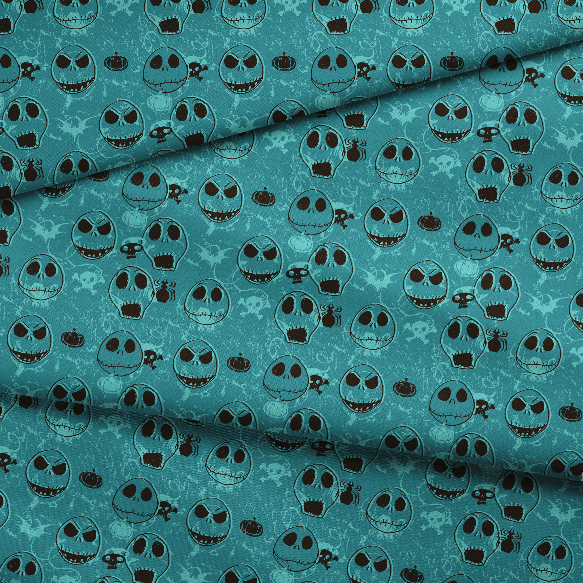 Teal pattern of cartoon skull faces with different expressions, Halloween elements like pumpkins and spiders fabric fold mockup