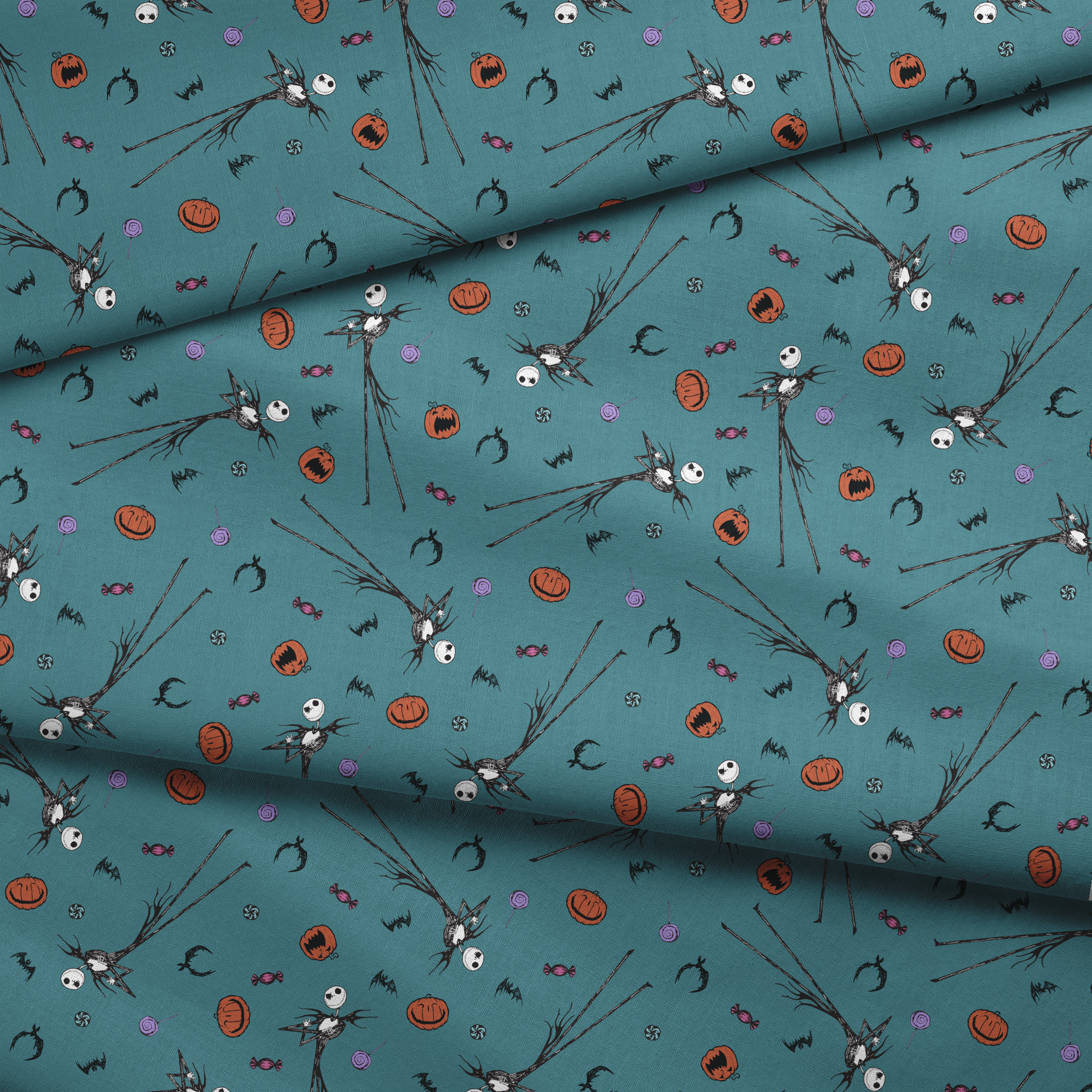 Halloween pattern with witch brooms, pumpkins, bats, candy, and creepy eyes on teal background fabric fold mockup