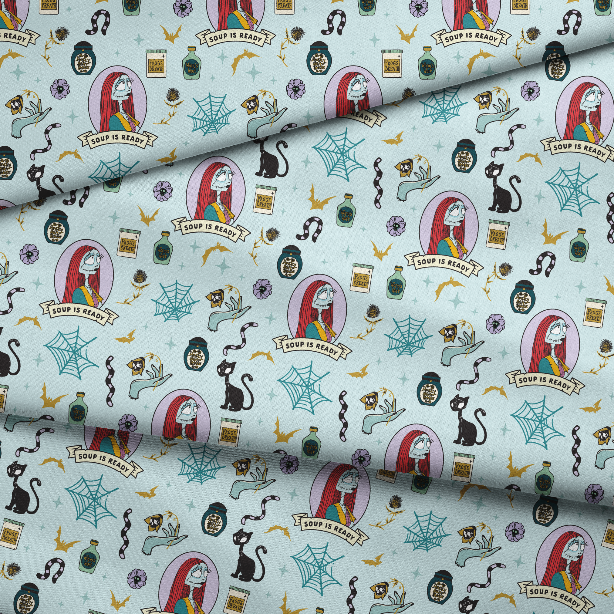 Whimsical pattern with skeletal figure in oval frame, black cats, spiderwebs, potion bottles, and "Soup is Ready" banners on light blue background. fabric fold mockup
