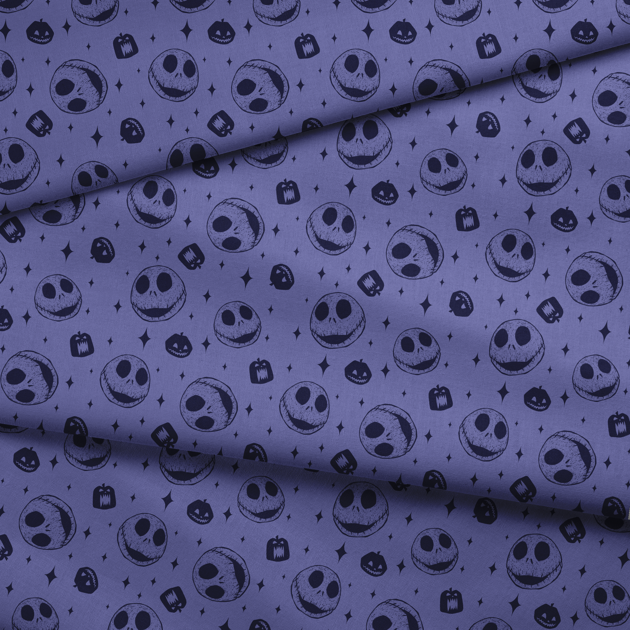 Nightmare Before Christmas skull and pumpkin pattern on purple background with black star shapes fabric fold mockup
