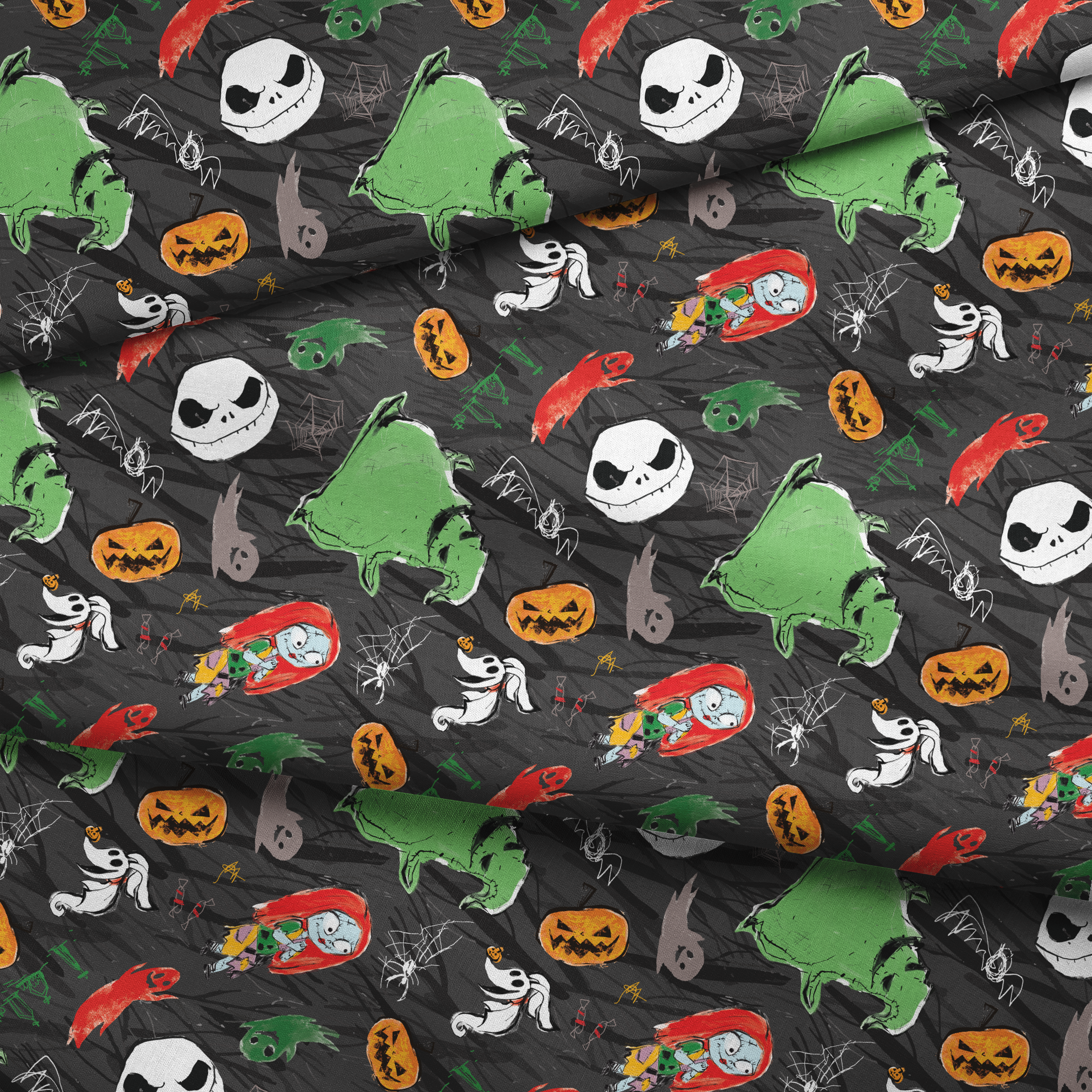 Nightmare Before Christmas pattern with Jack's face, green ghosts, orange pumpkins, spiders, and white ghosts on dark gray background fabric fold mockup