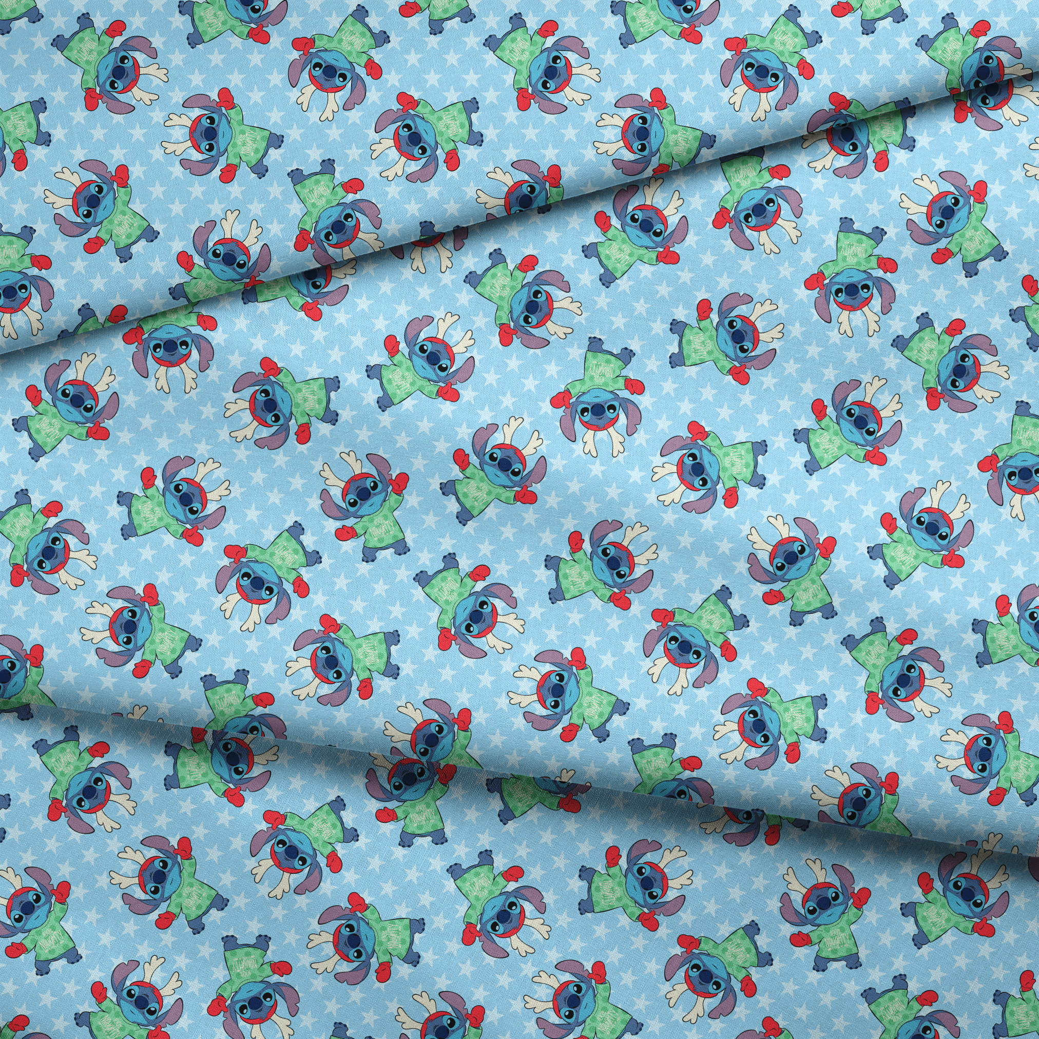 A repeating pattern of Disney's Stitch in holiday outfits with Christmas trees on light blue snowflake background. fabric fold mockup