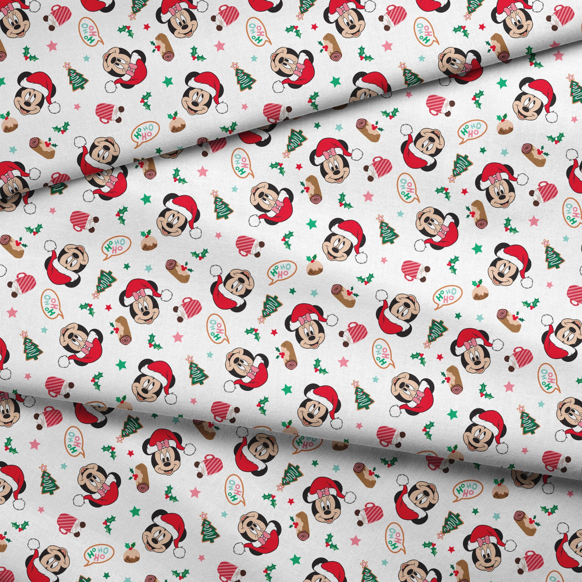 Mickey Mouse Christmas pattern with Santa hats, holly, speech bubbles, and festive decorations on white background fabric fold mockup