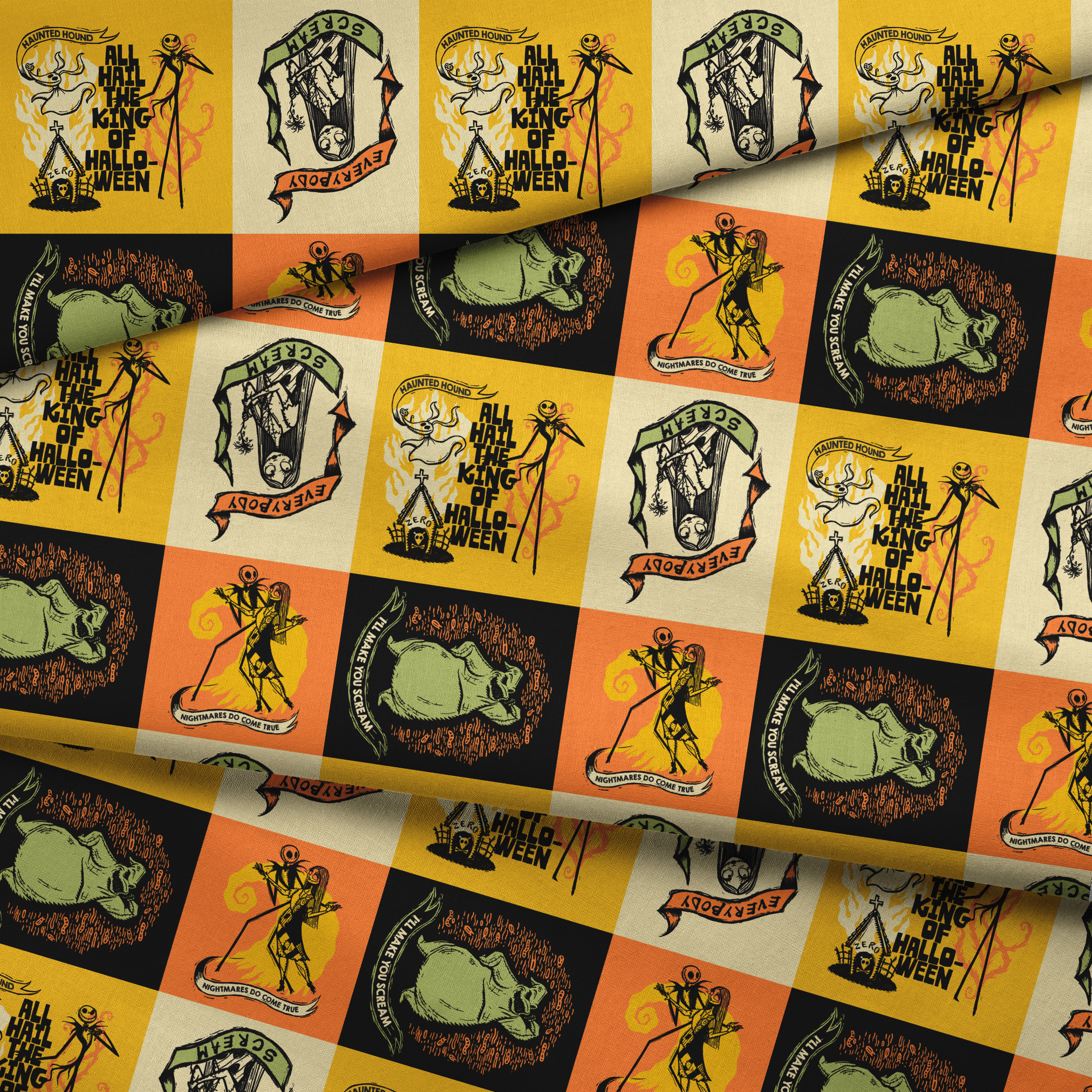 Four stylized Nightmare Before Christmas illustrations in a grid with yellow, green, and orange backgrounds featuring a haunted house and gothic imagery. fabric fold mockup