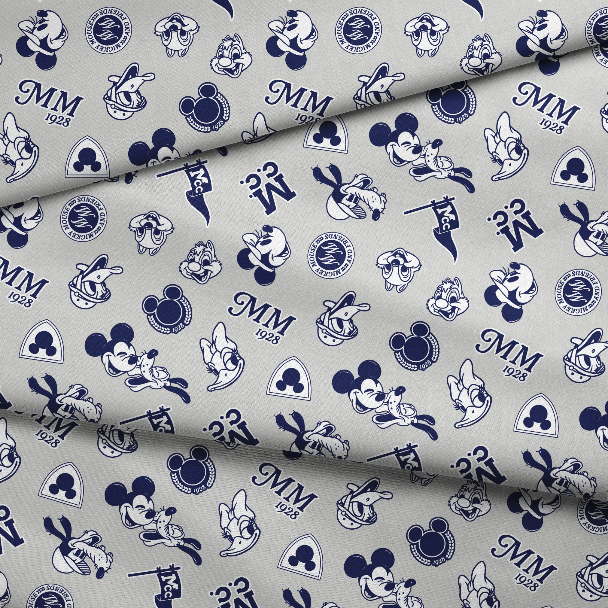 Disney character pattern with Mickey Mouse, Donald Duck and other classic cartoon figures in navy blue on light background. fabric fold mockup