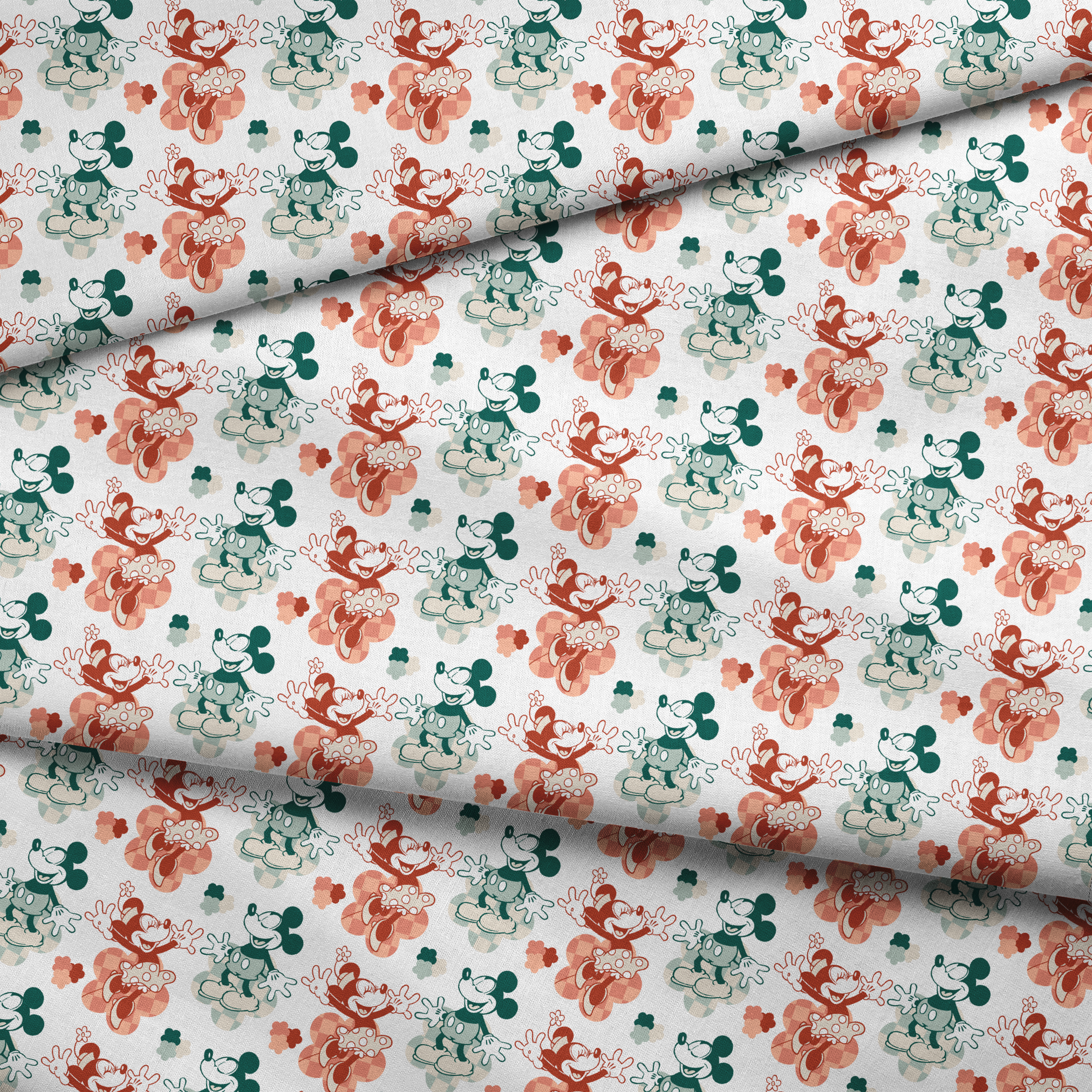 Repeating pattern of vintage-style cartoon characters in green and red-orange tones on white background fabric fold mockup