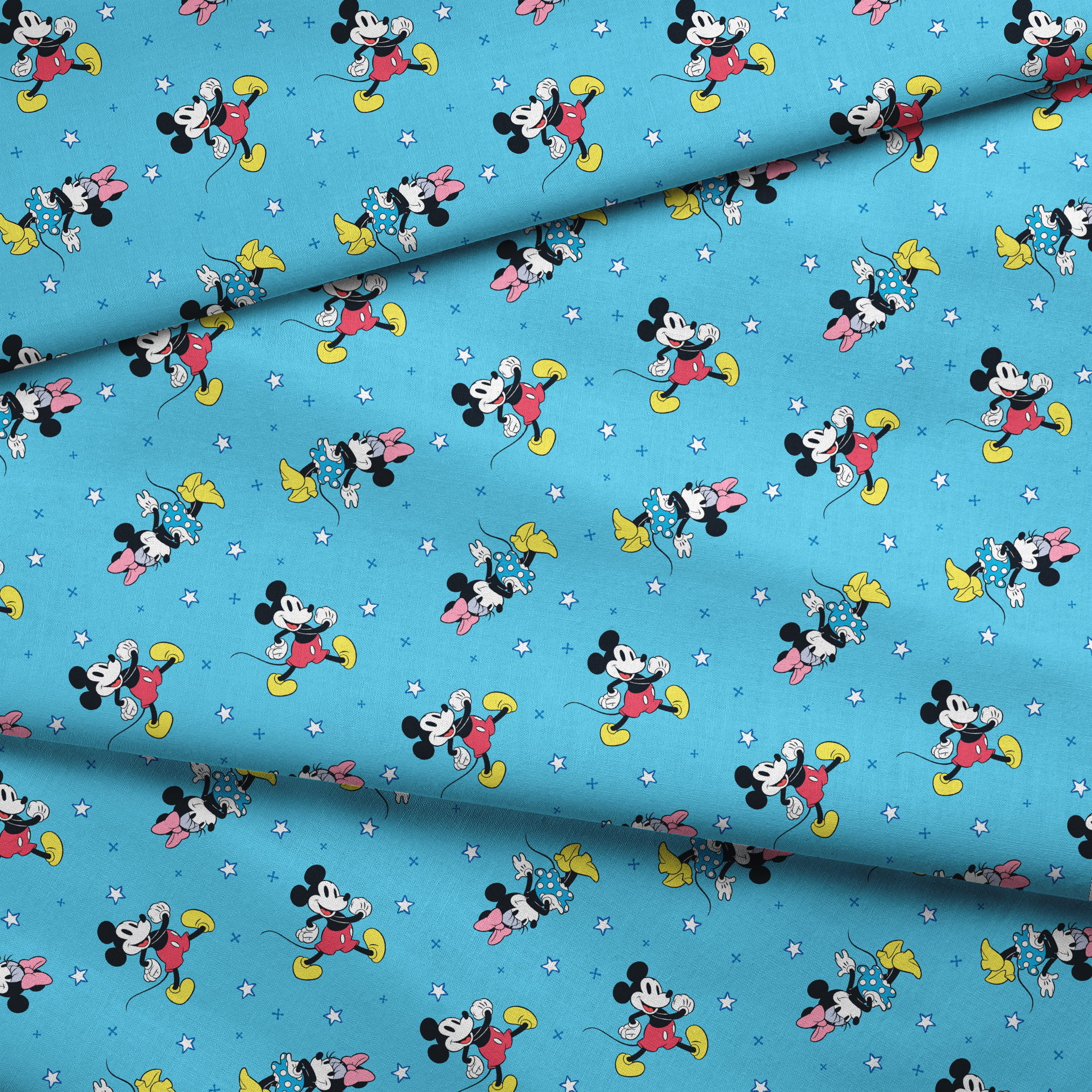 Disney Mickey Mouse and Minnie Mouse characters on light blue background with white stars, pattern design fabric fold mockup