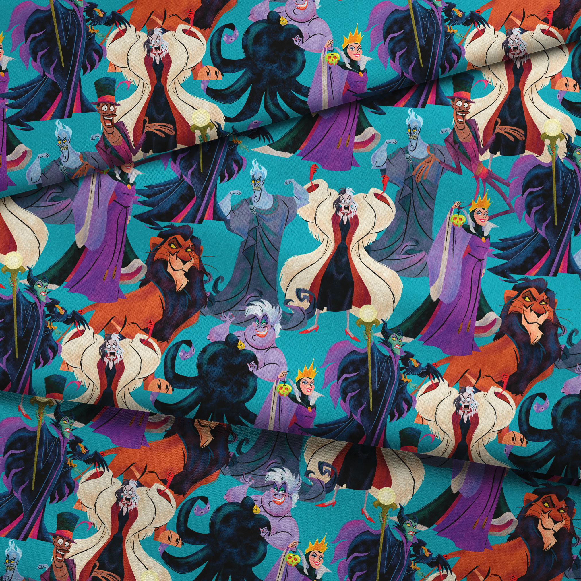 Disney Villains like Ursula, Maleficent, and Hades on a turquoise background in a colorful character pattern. fabric fold mockup