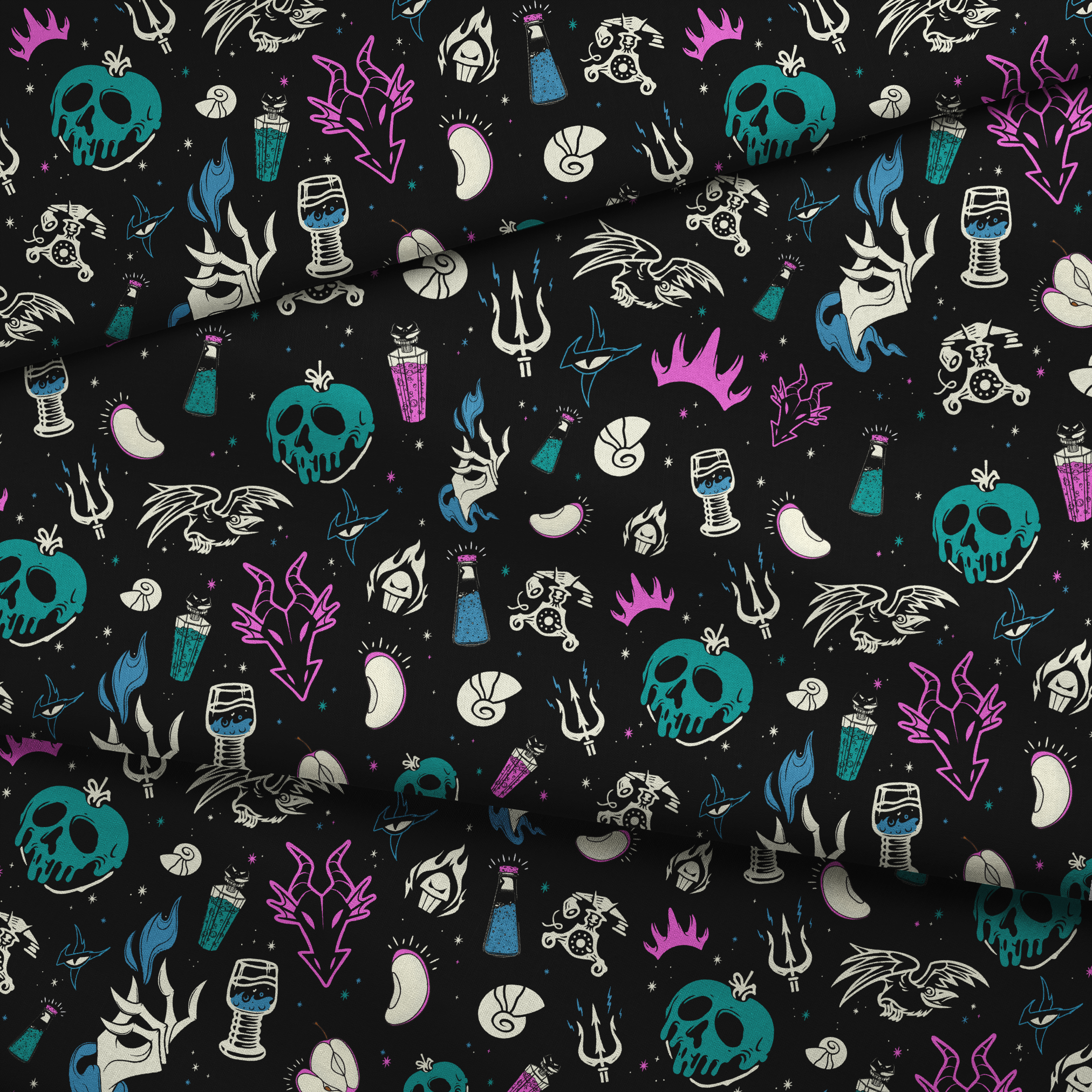 Gothic pattern with Disney villain-inspired icons like skulls, potions, and flames in teal, purple, and blue on black background. fabric fold mockup