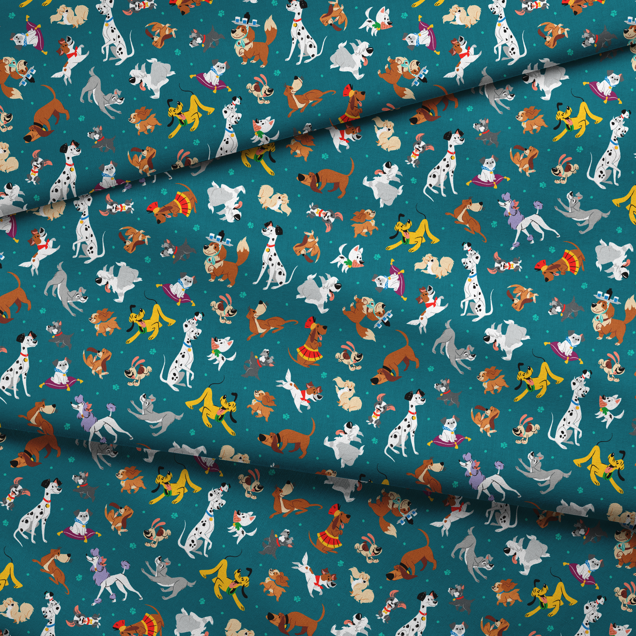 Teal pattern featuring Disney cartoon dogs like Dalmatians, Pluto, Lady and the Tramp, Copper, and other animated pups. fabric fold mockup