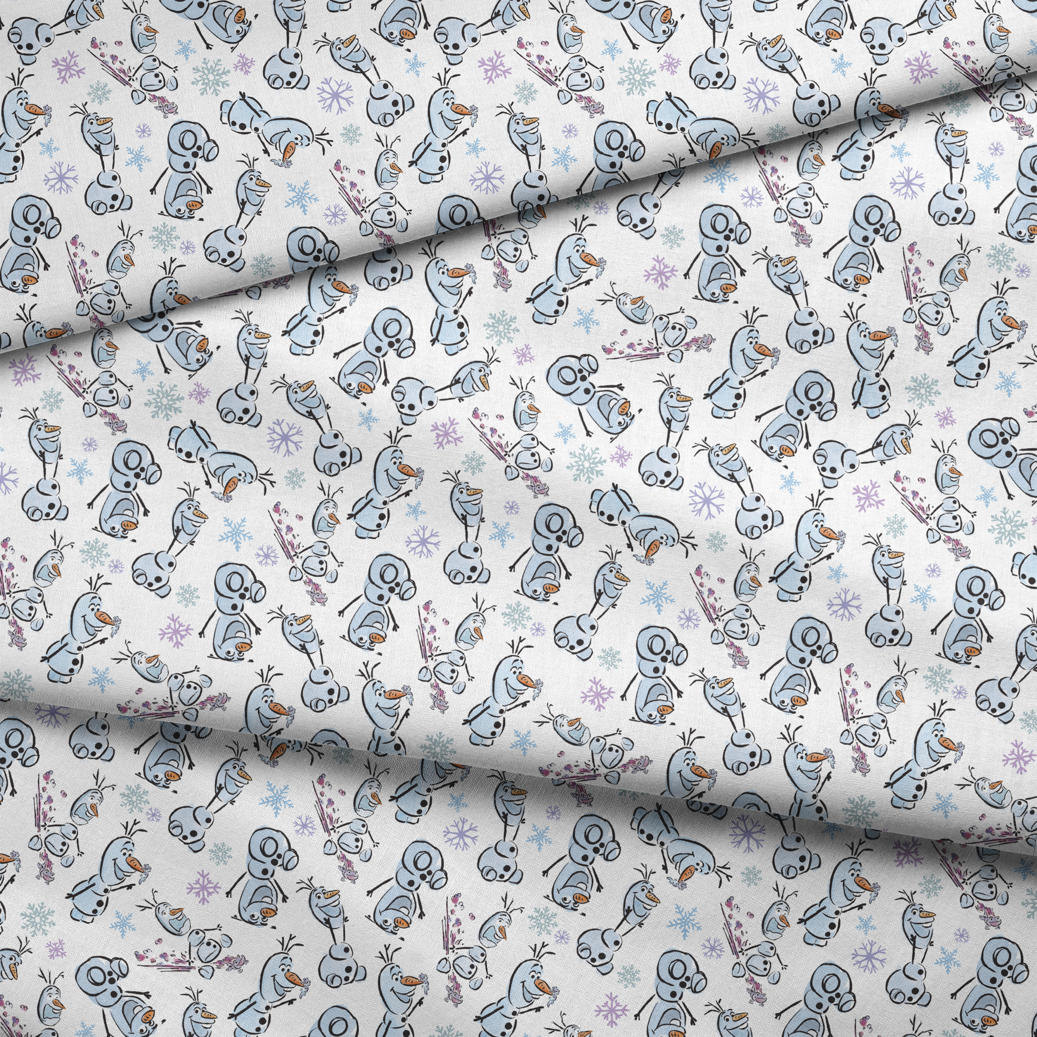 Disney Frozen Olaf with different happy expressions scattered on light blue background with snowflakes fabric fold mockup