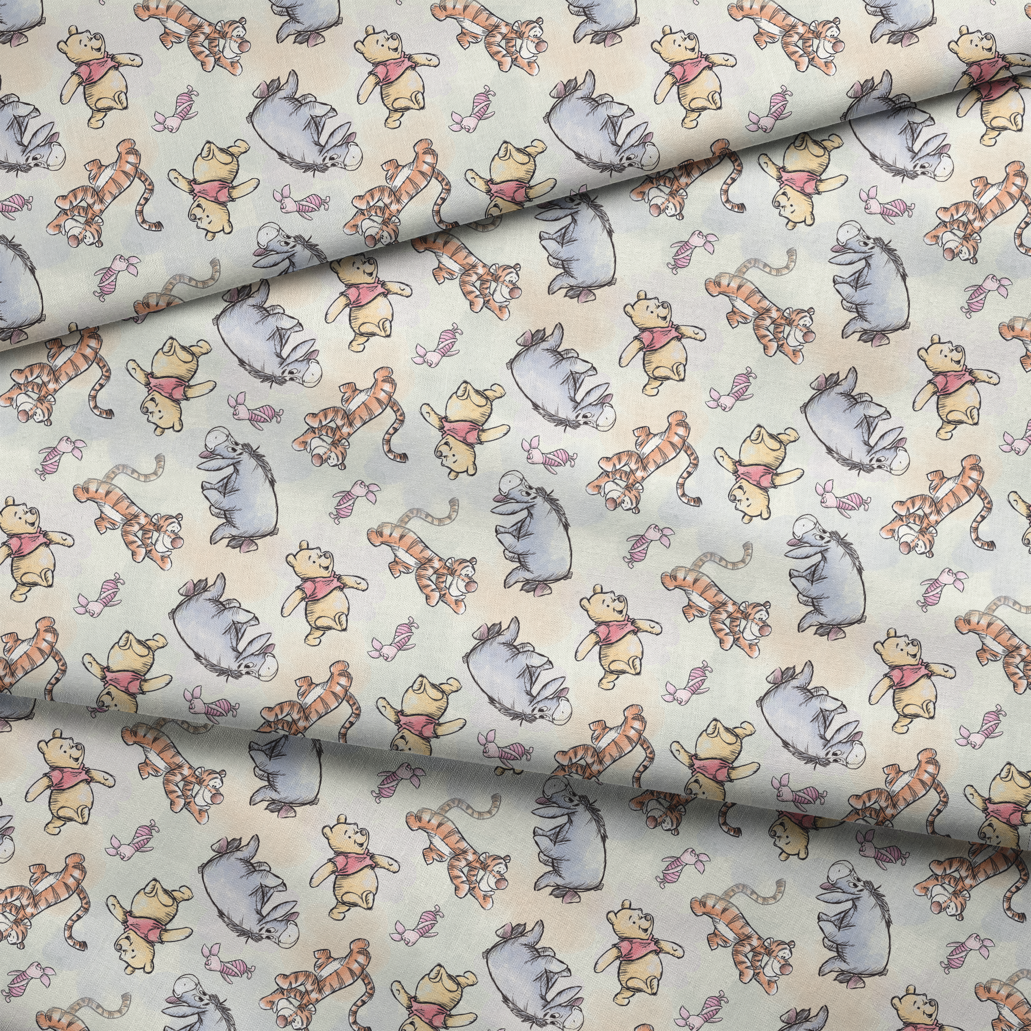 Whimsical pattern featuring cartoon bears in red shirts with bouncing tigers and small pink chara... fabric fold mockup