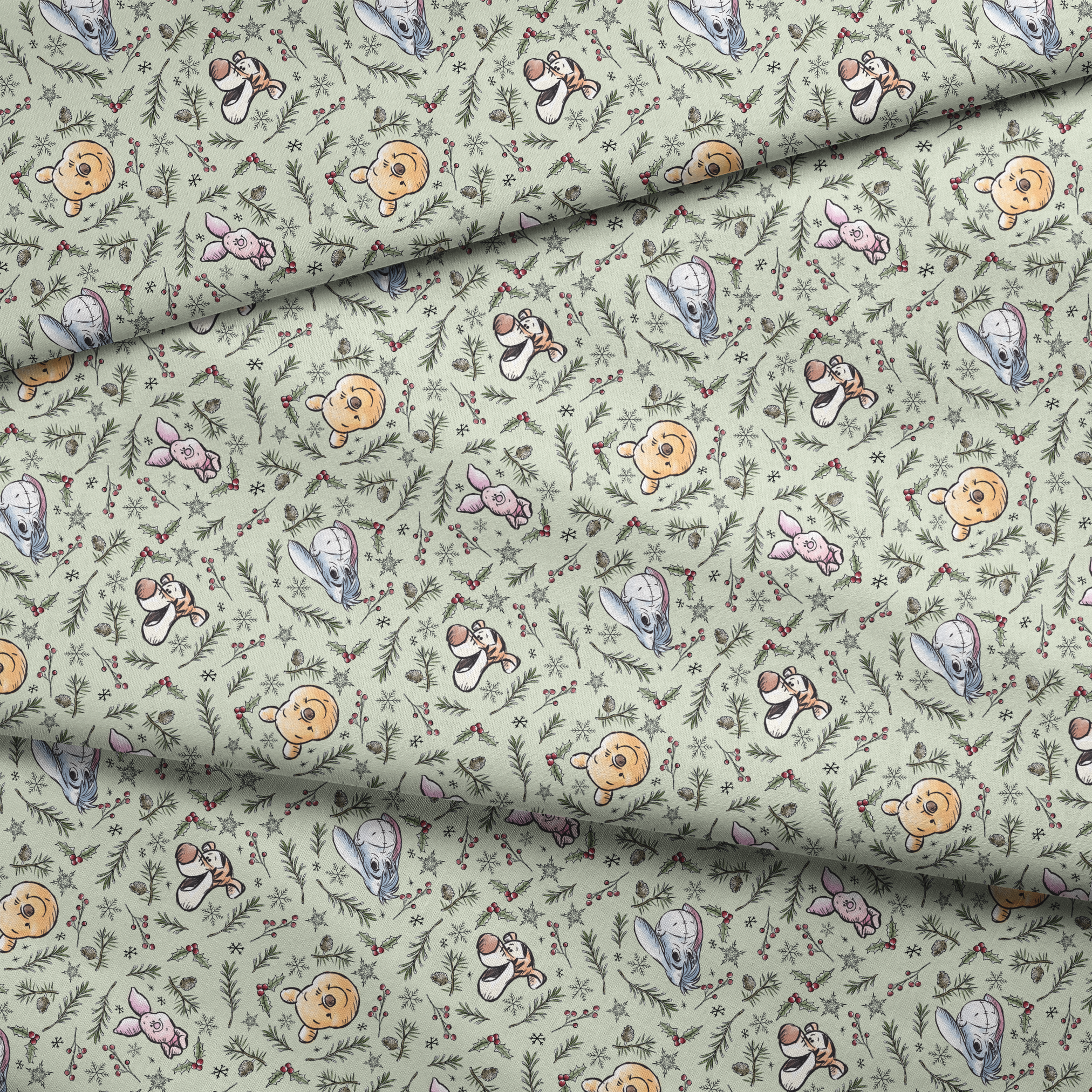 Whimsical holiday pattern with cartoon animals, pine branches, berries, and snowflakes on mint green fabric fold mockup