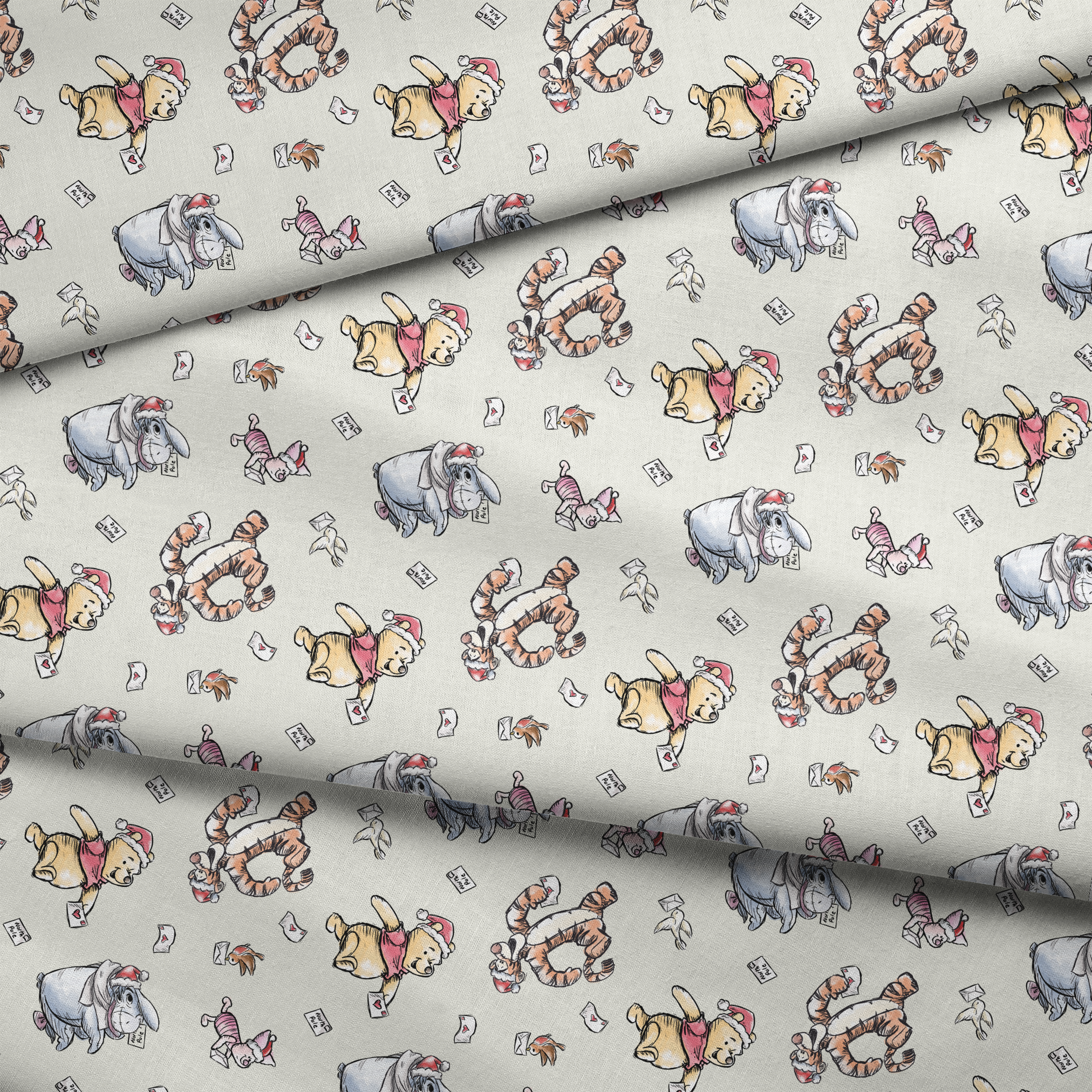 Whimsical cartoon characters in Santa hats on cream background with scattered letters fabric fold mockup