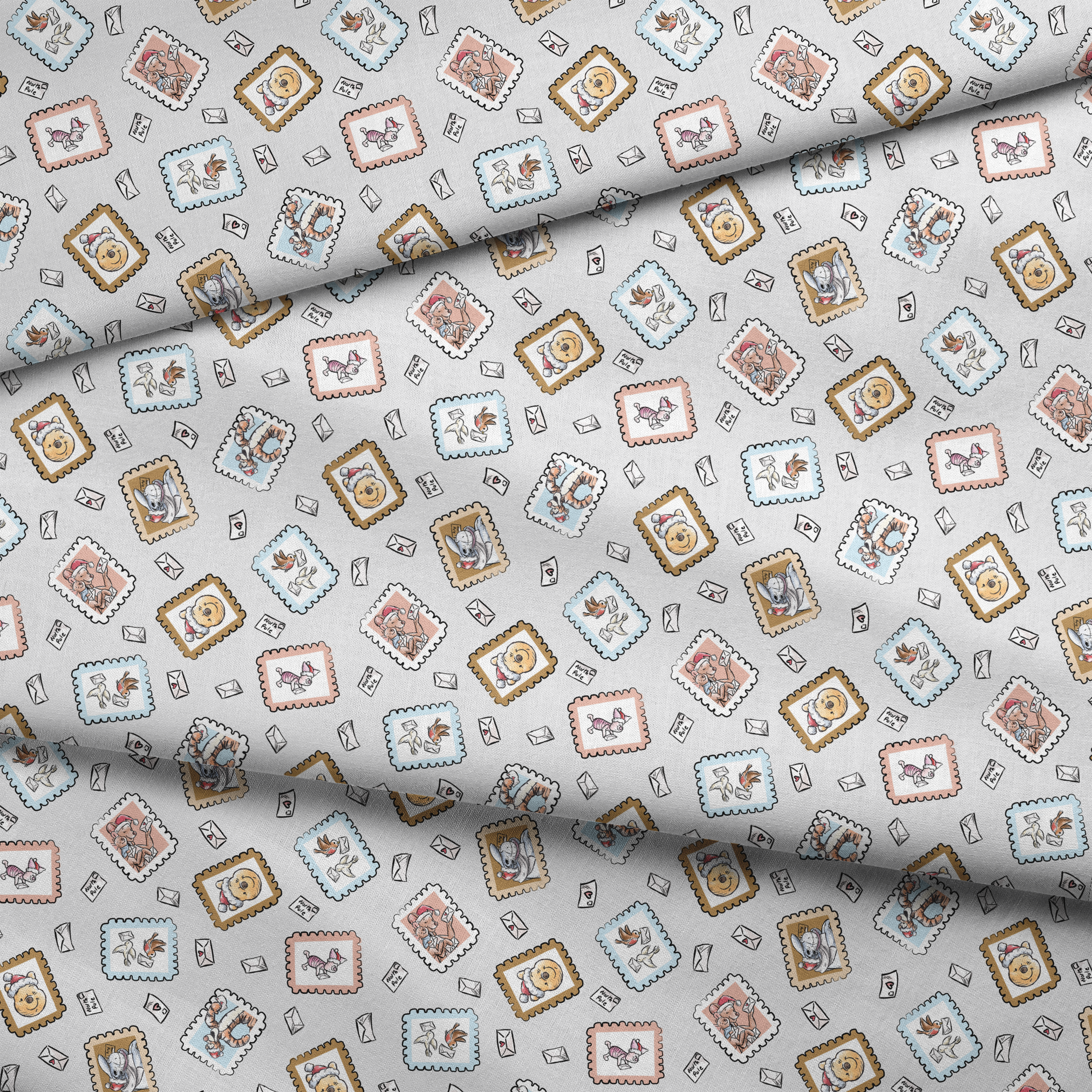 Vintage-style postage stamps with fairy tale illustrations on a light gray background with envelo... fabric fold mockup