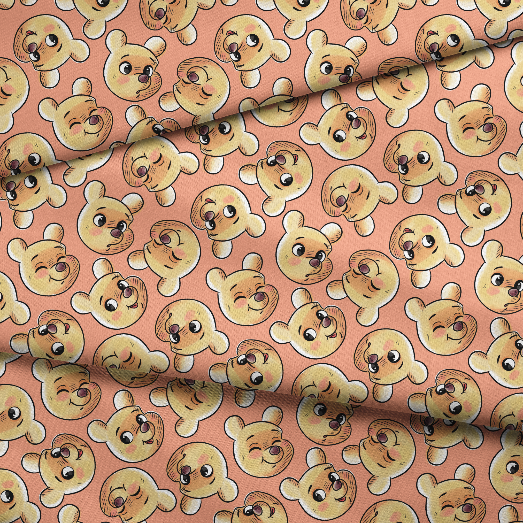 Cartoon teddy bear faces with cute expressions on peach background in repeating pattern fabric fold mockup