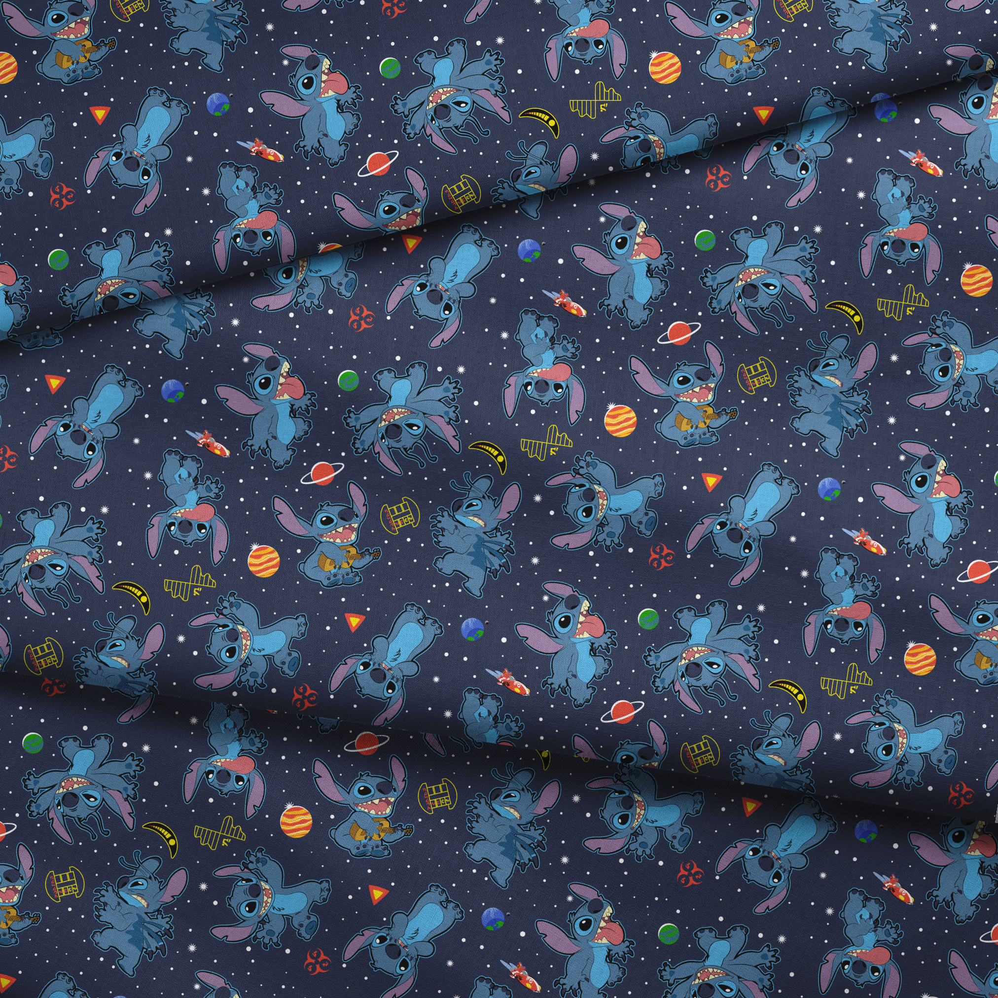 Disney's Stitch floating in space with planets, stars, and spaceships on dark background pattern fabric fold mockup