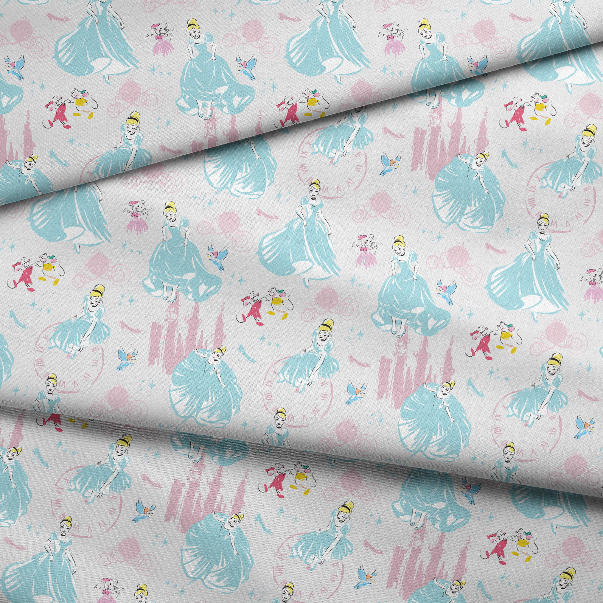 Dreamy Cinderella pattern with blue gowns, castle silhouettes, glass slippers, and blue birds on pale background fabric fold mockup