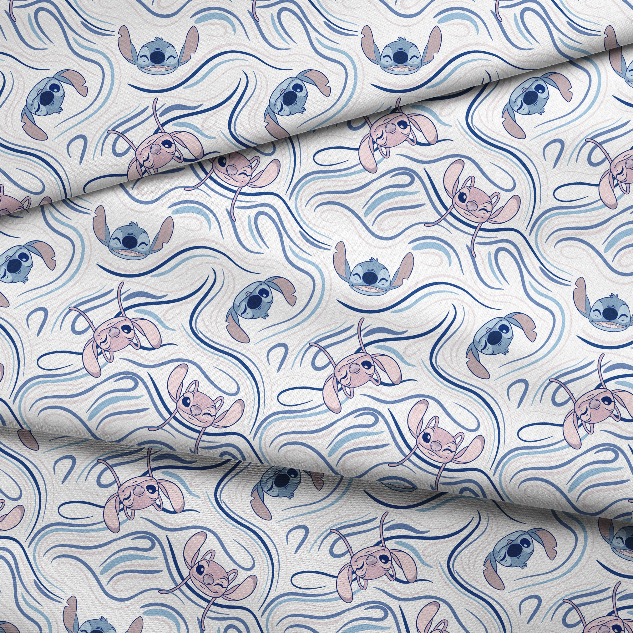 Blue alien character with large ears in various poses on swirling blue and white pattern background fabric fold mockup