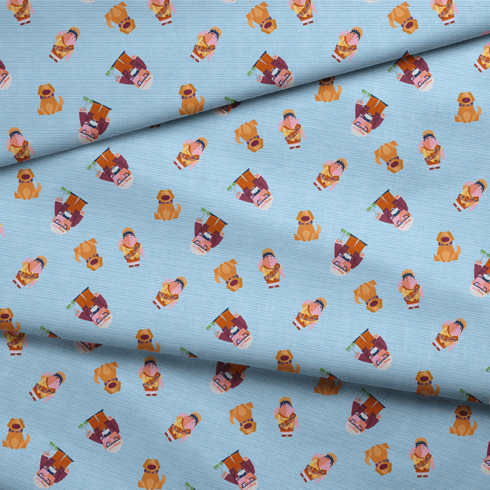 Cartoon characters from Up movie pattern on light blue striped background, featuring colorful illustrations fabric fold mockup