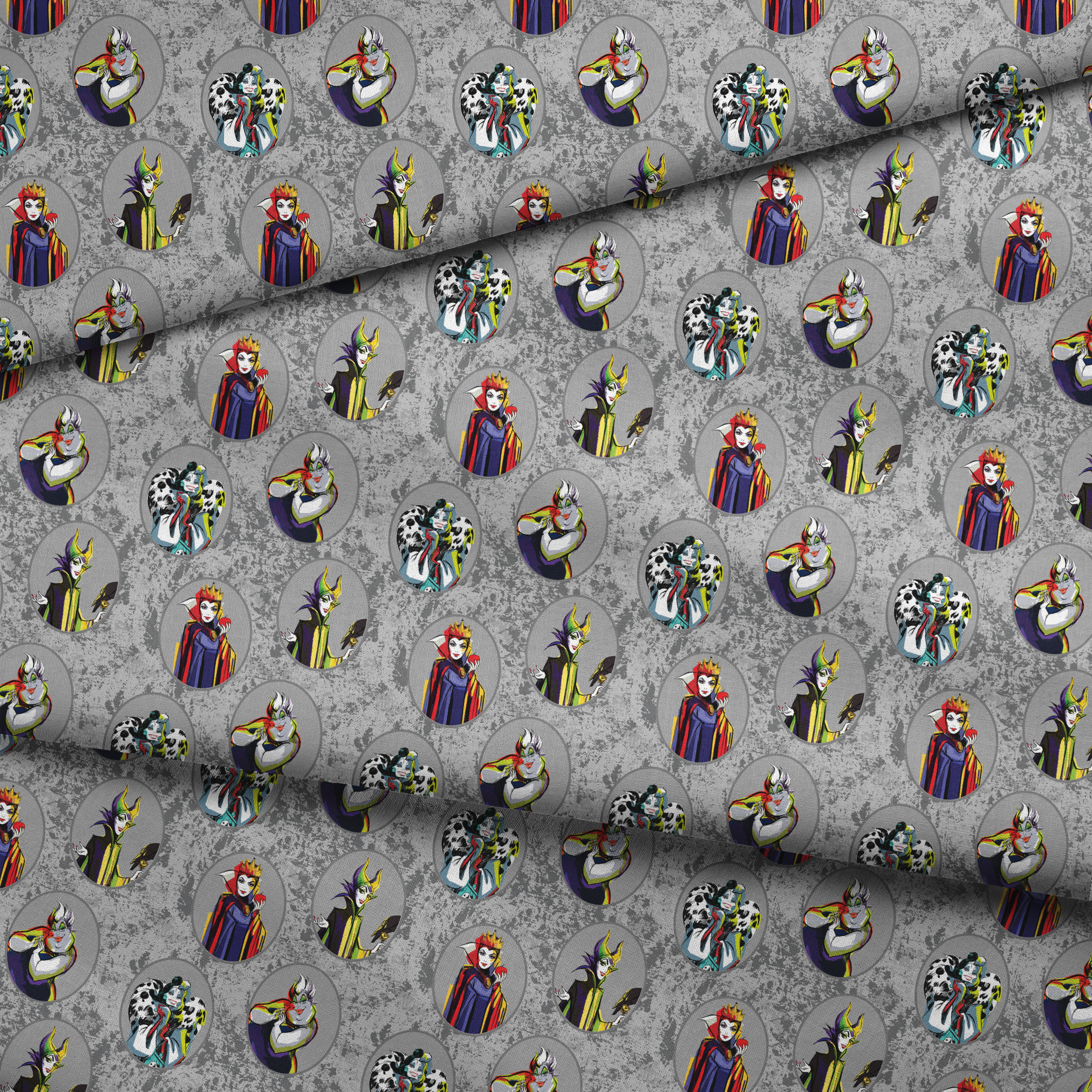 Disney villain characters in oval portraits on gray marbled background, including Ursula, Maleficent, Cruella, and Evil Queen fabric fold mockup
